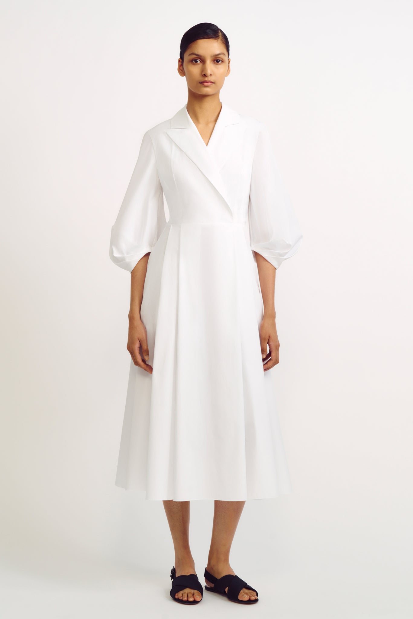 Brittany Dress | White Cotton Long Sleeve Wrap Front Dress | Emilia Wickstead