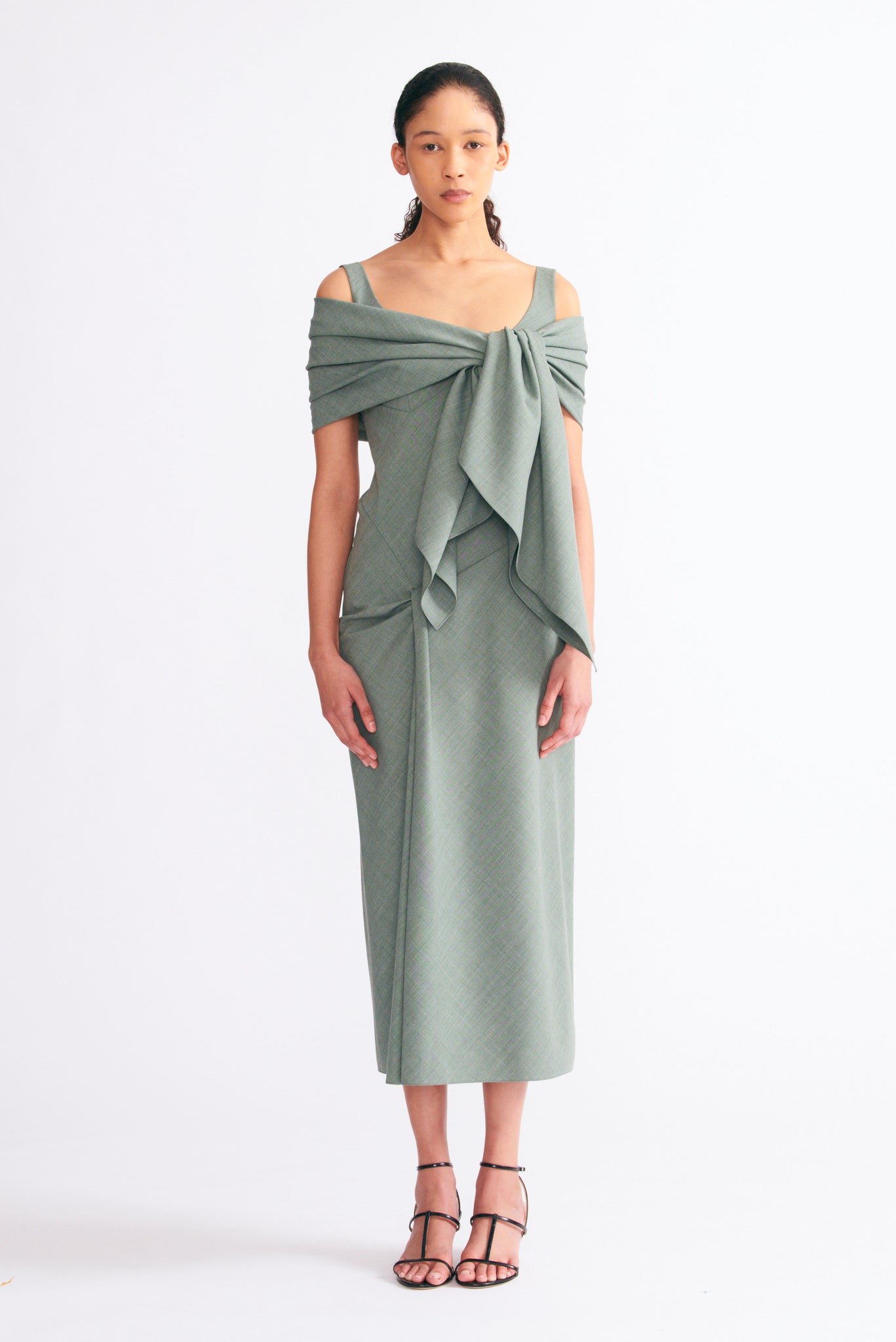 Barlowa Scarf Tie Dress in Khaki Summer Wool | Emilia Wickstead