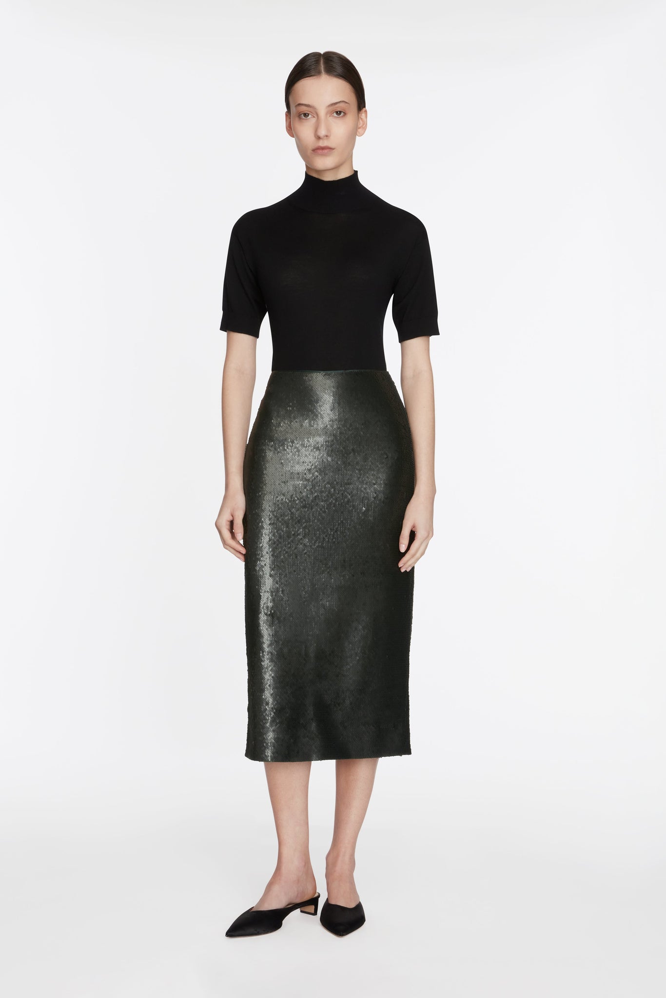 Bethan Skirt In Dark Green Sequin Model Font Shot | Emilia Wickstead