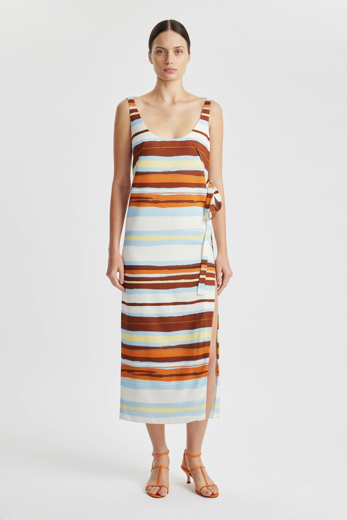Birna Dress In Painted Brown Stripe Printed Viscose