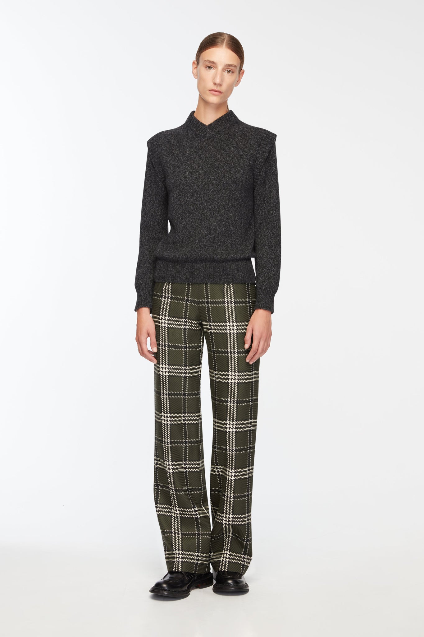 Briana Trousers In Military Green Shetland Tartan Model Front Shot | Emilia Wickstead
