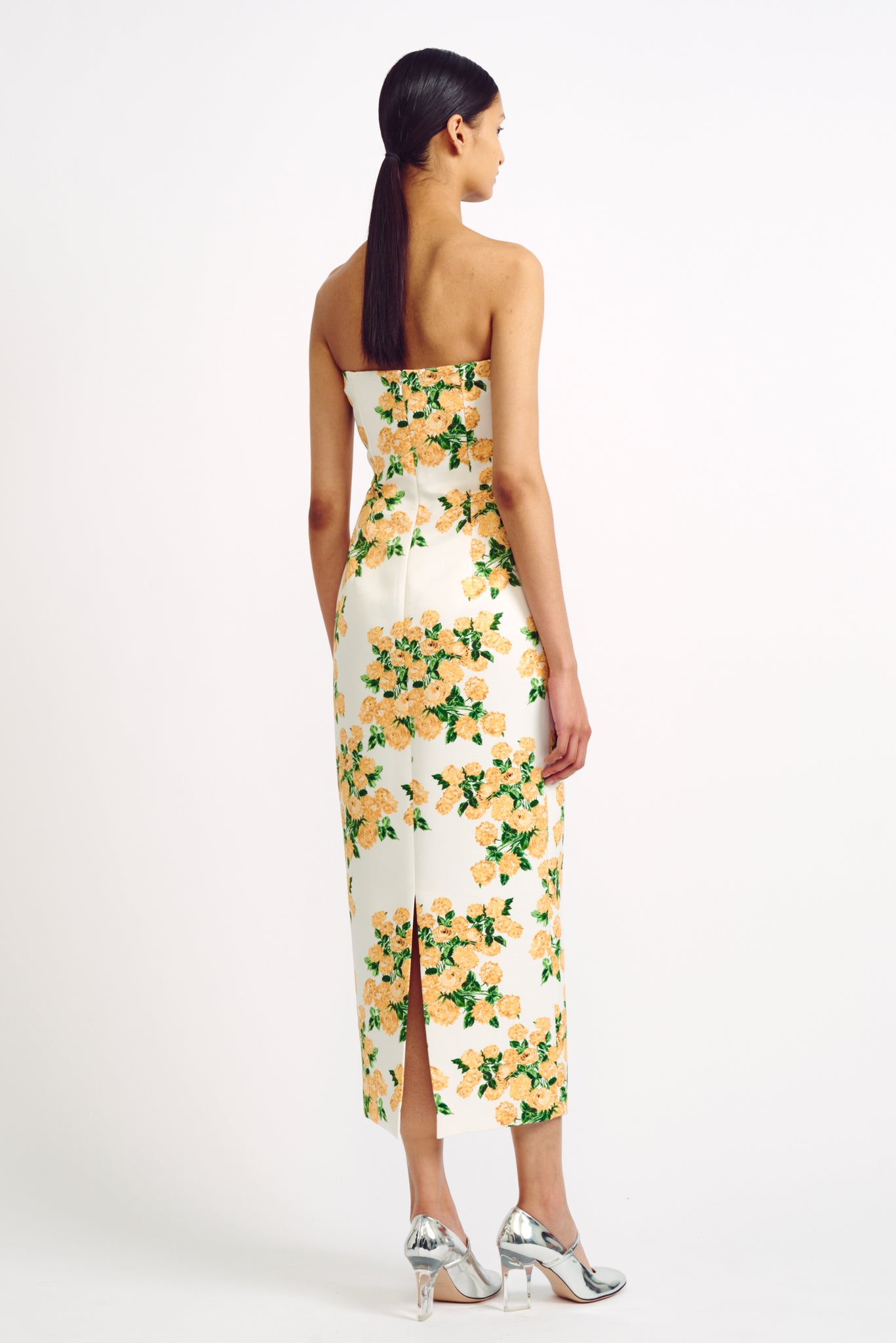 Brigitta Yellow Floral Print Strapless Dress | Emilia Wickstead