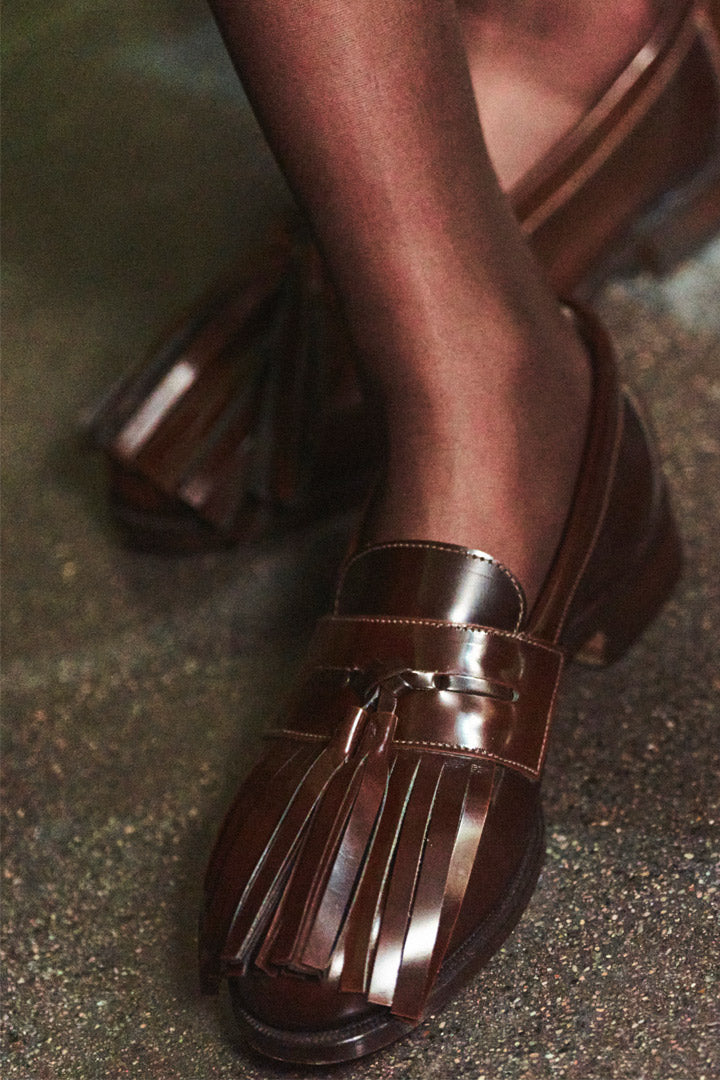 Grenda Tassel Front Loafer in Dark Brown Leather