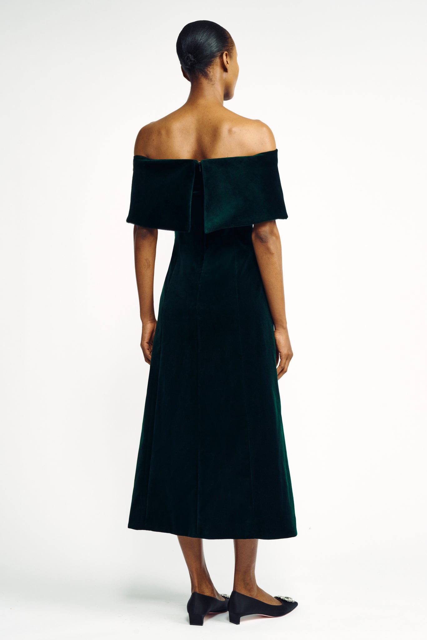 Carita Dress | Green Velvet Off-the-Shoulder Midi Dress | Emilia Wickstead