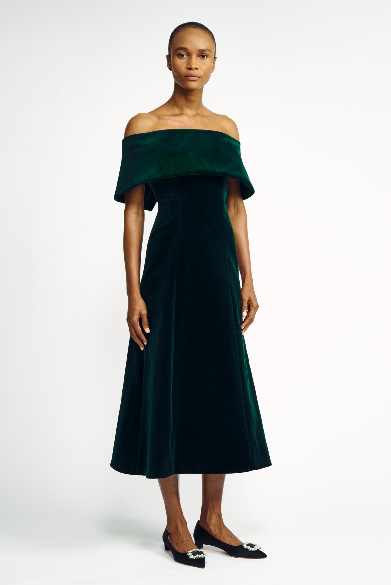 Carita Dress | Green Velvet Off-the-Shoulder Midi Dress | Emilia Wickstead