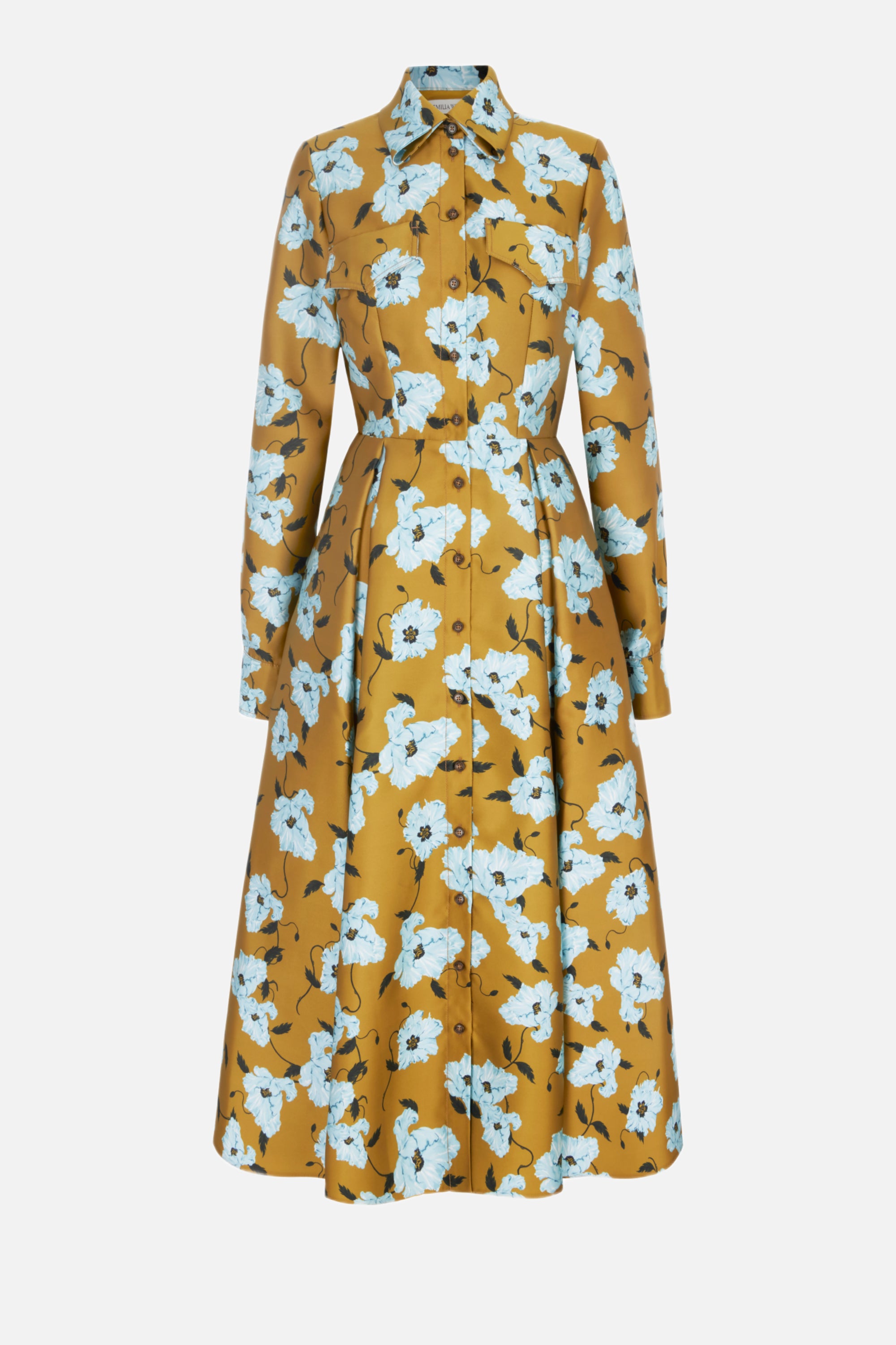 Celeste Dress in Mustard & Blue Breezy Poppy Mikado