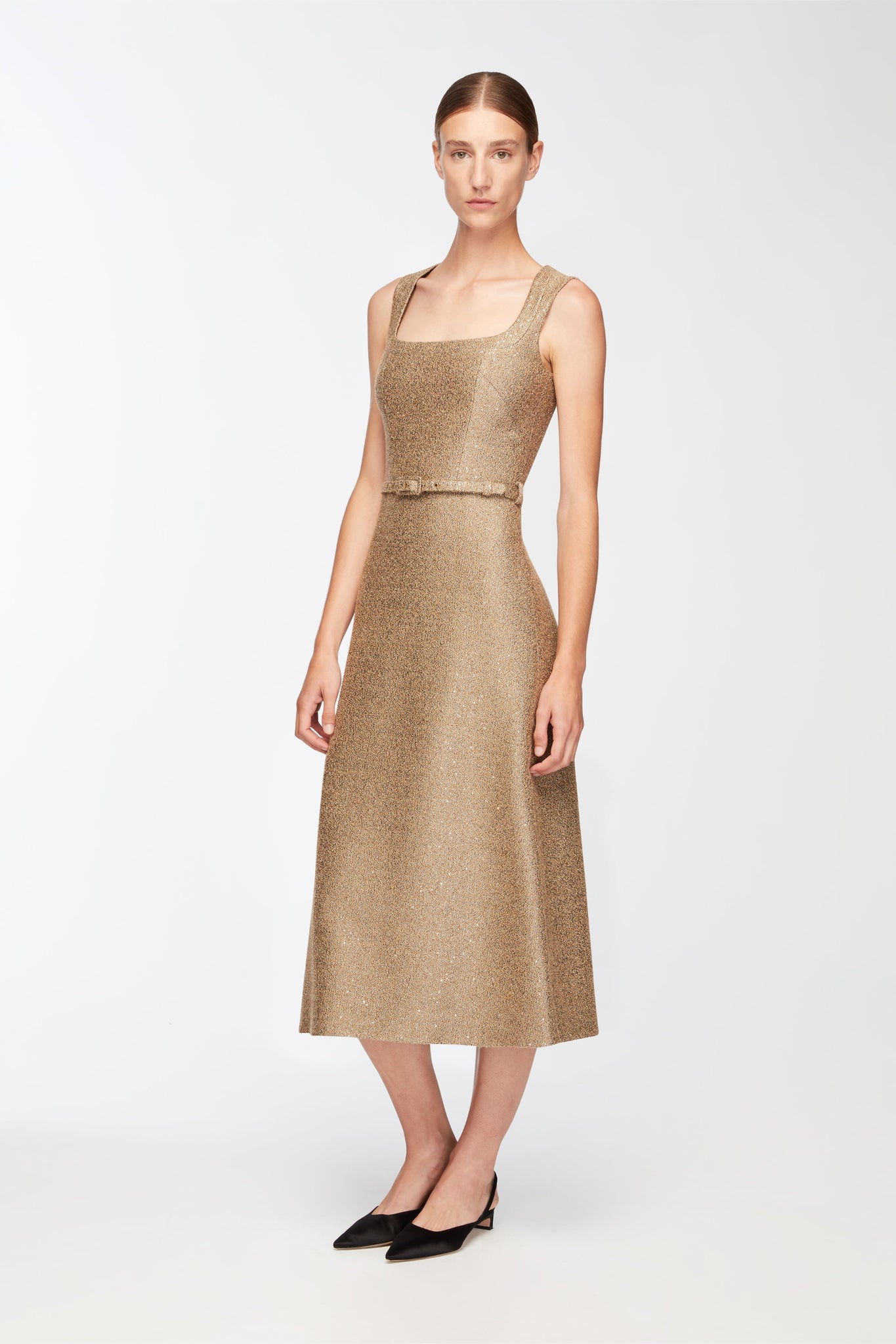 Ciro Dress In Gold Sequin Tweed Model Front Shot | Emilia Wickstead