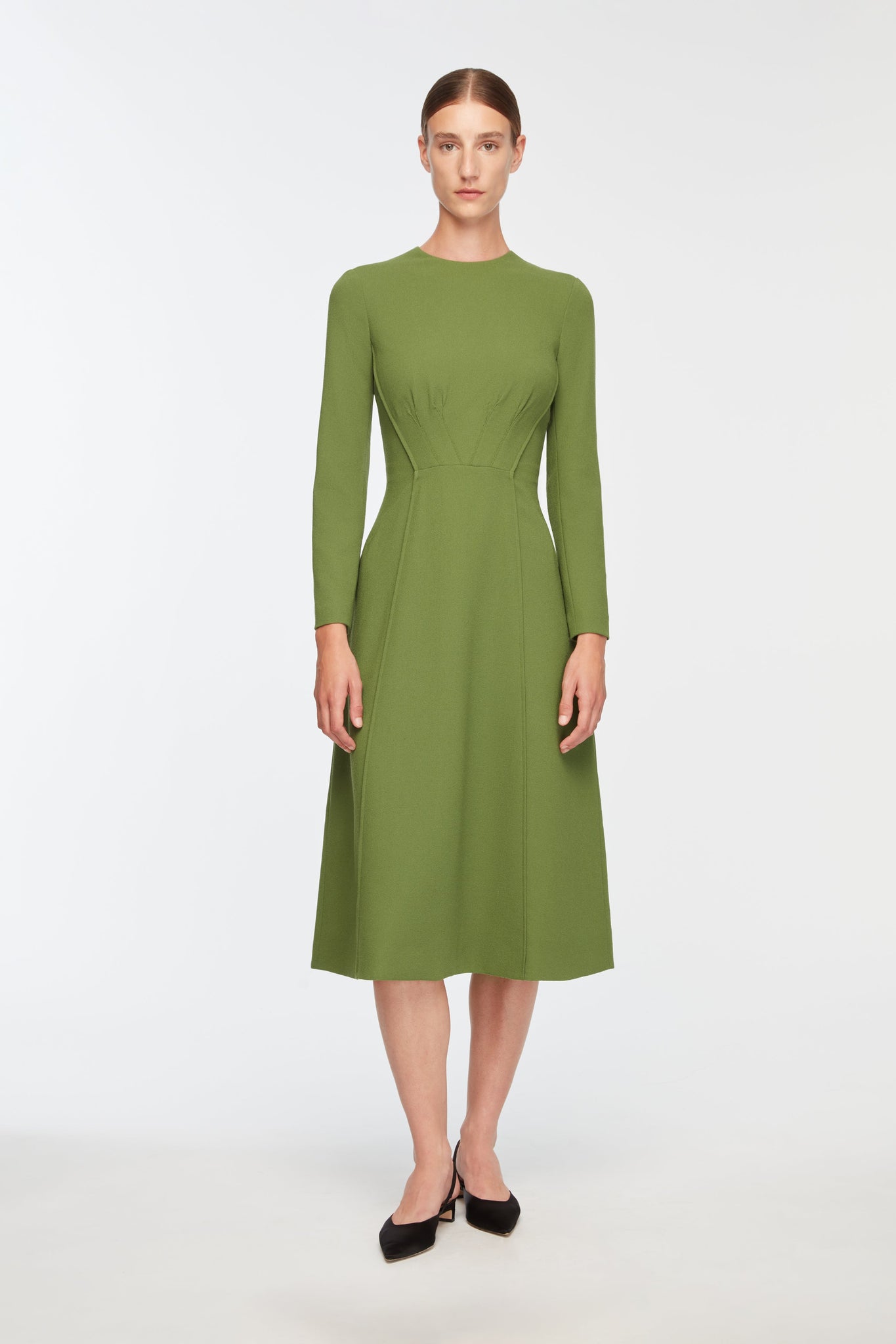 olive green crepe dress Tidus Dress In Olive Single Wool Crepe