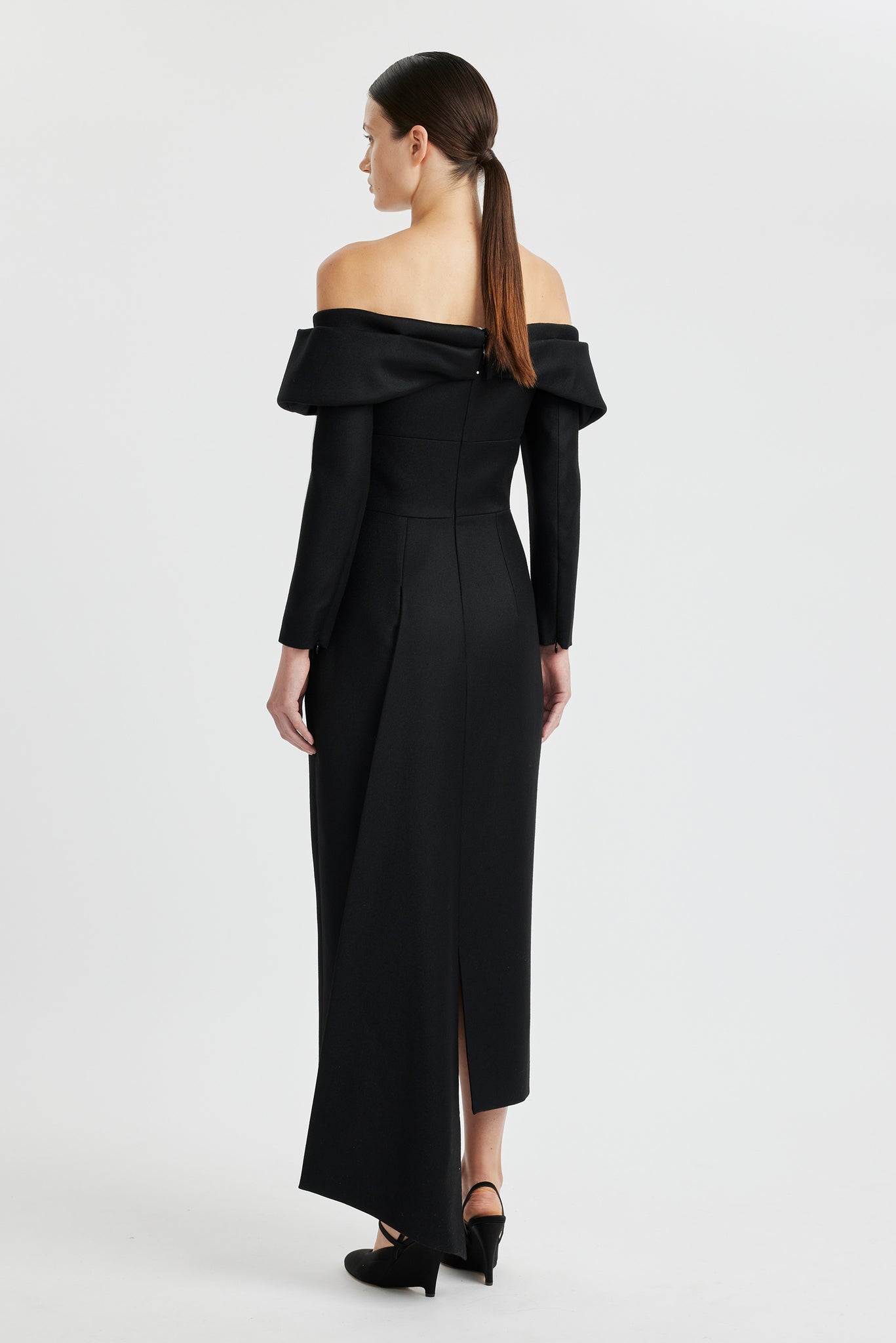 Derika Black Off-the-Shoulder Flanella Maxi Dress | Emilia Wickstead Derika Black Off-the-Shoulder Flanella Maxi Dress | Emilia Wickstead