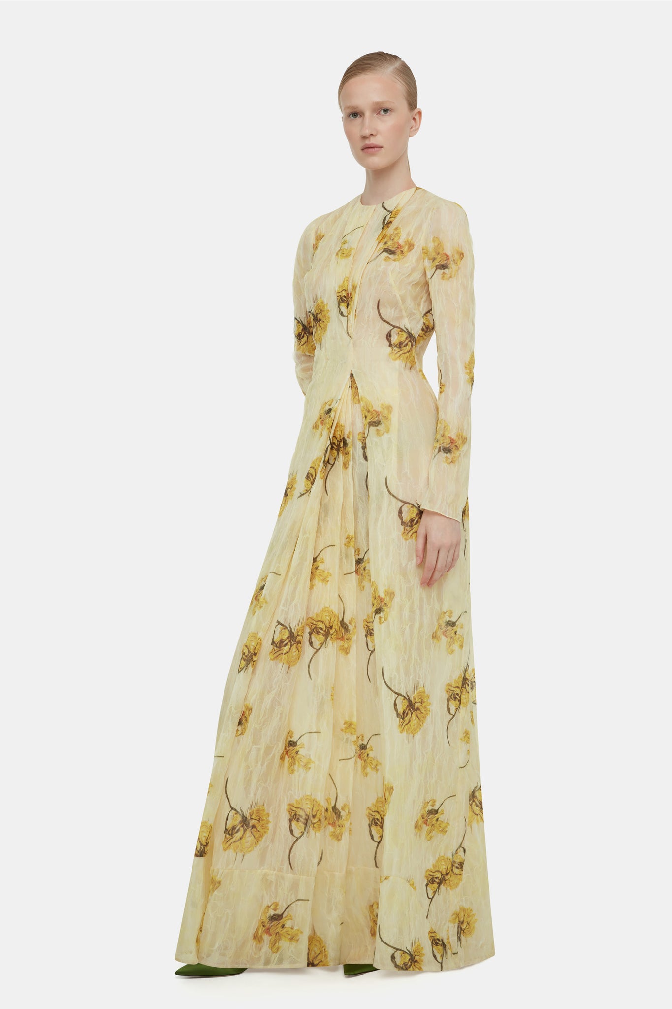 Desiderio Dress In Yellow Floral Printed On Lemon Textured Organza | Emilia Wickstead