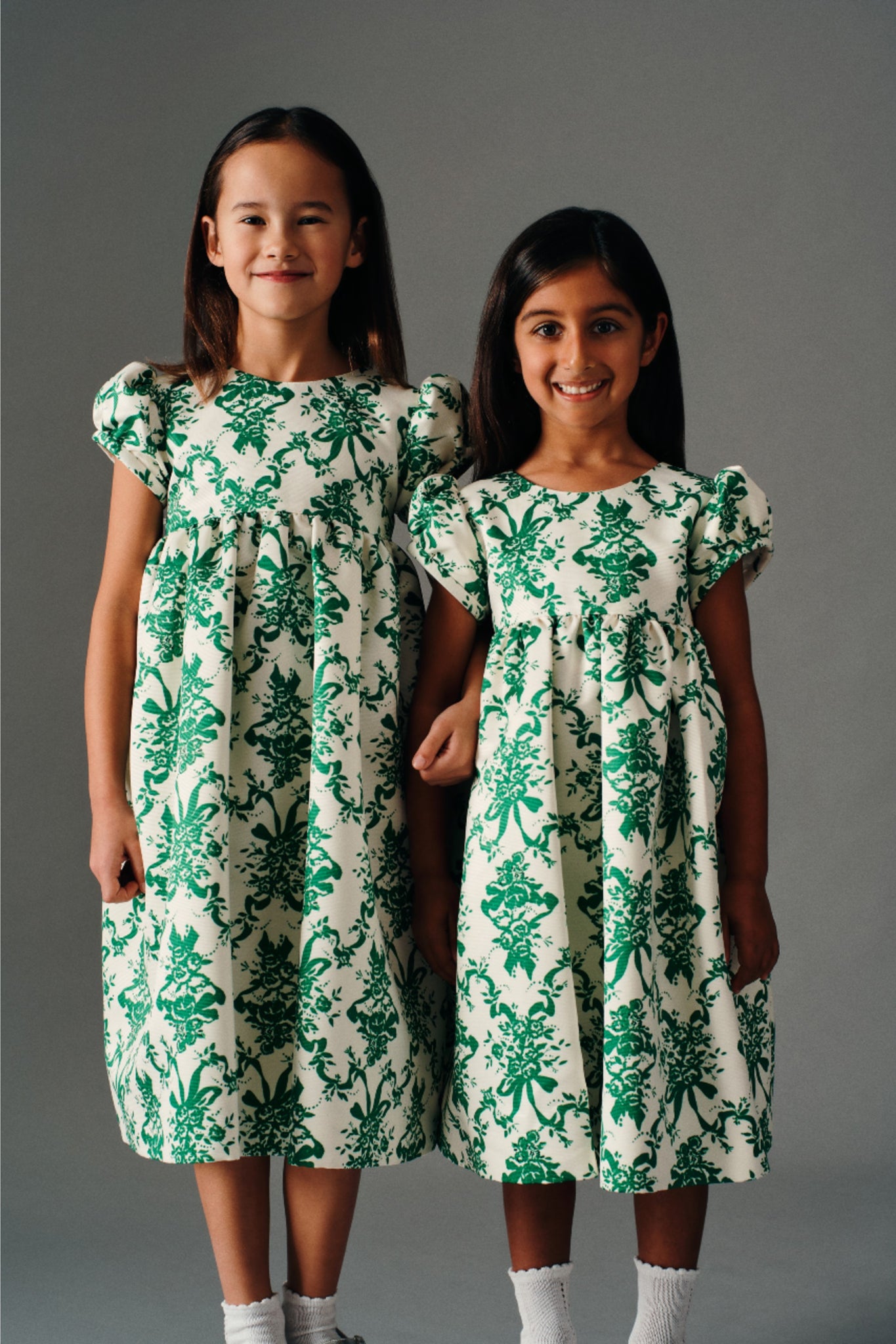 Dorothy Dress In Green Cherubs & Ribbon Taffeta Faille