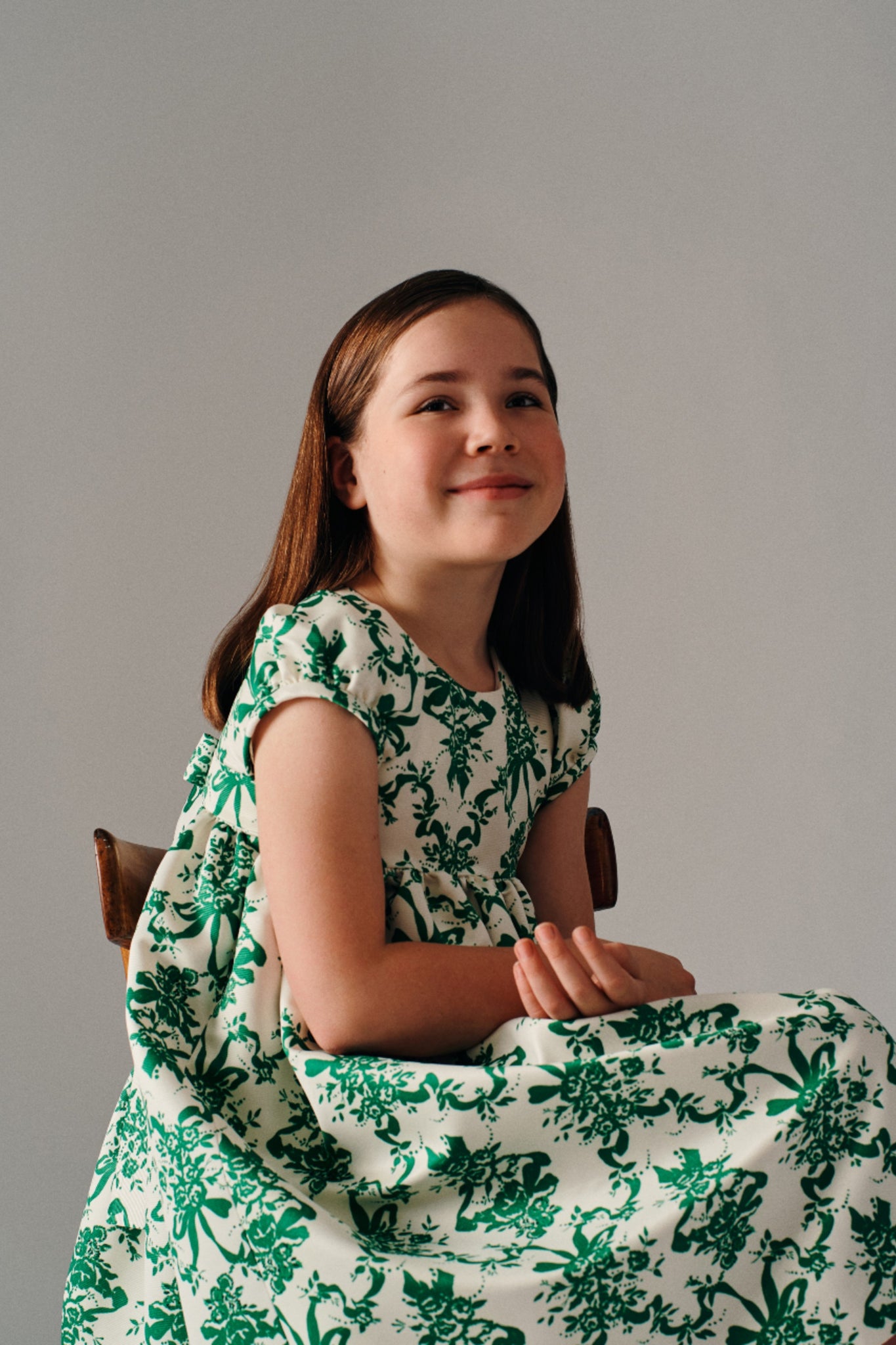 Dorothy Dress In Green Cherubs & Ribbon Taffeta Faille