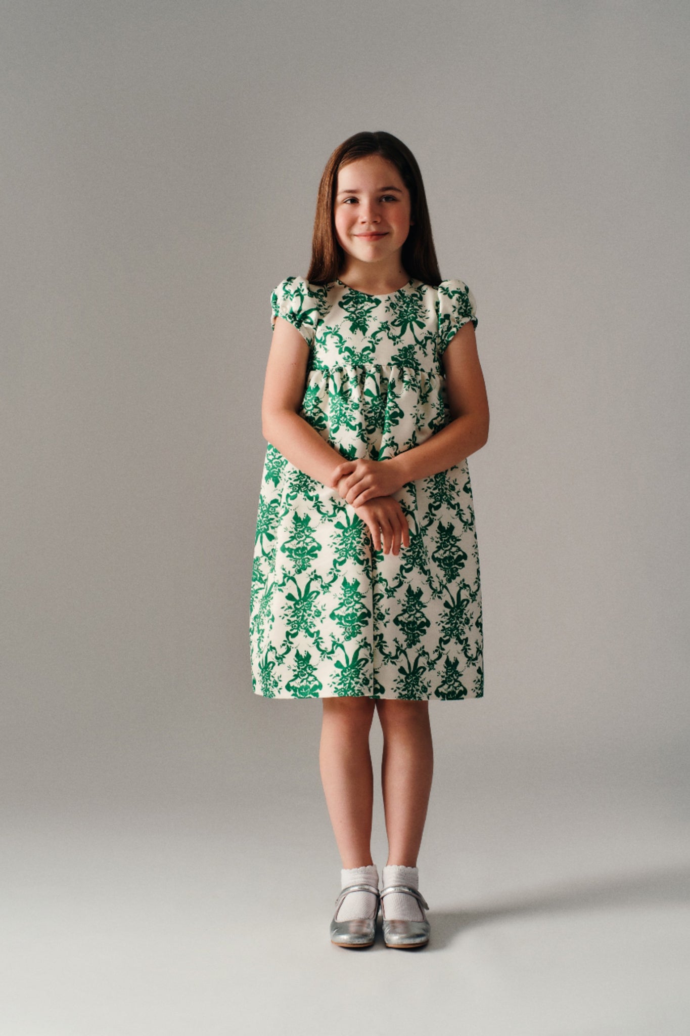 Dorothy Dress In Green Cherubs & Ribbon Taffeta Faille