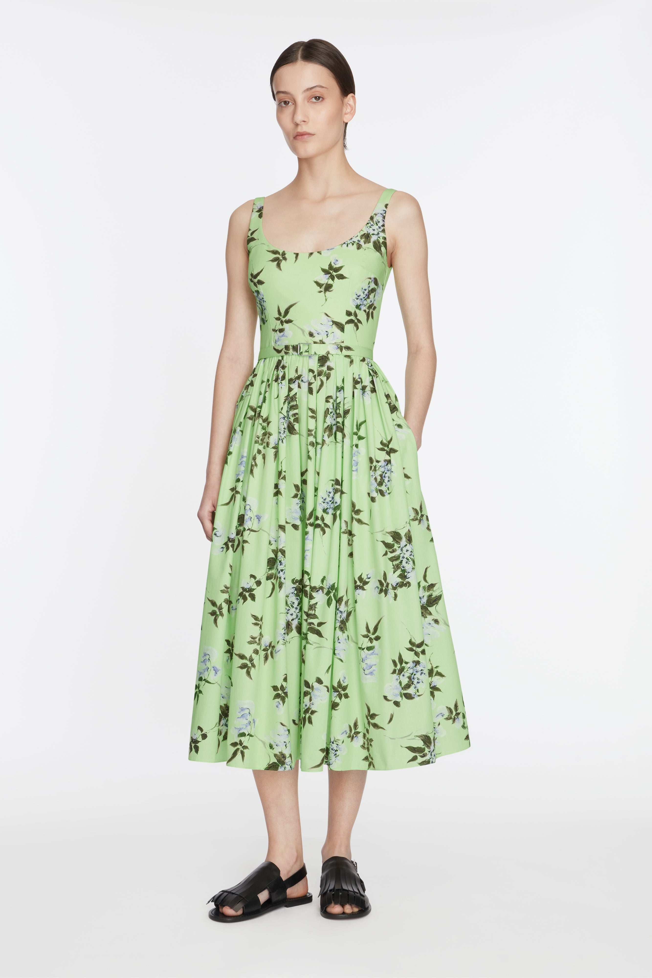 Eglantine Dress In Lilac Lillies & Cherry print on Green Organic Cotton ...