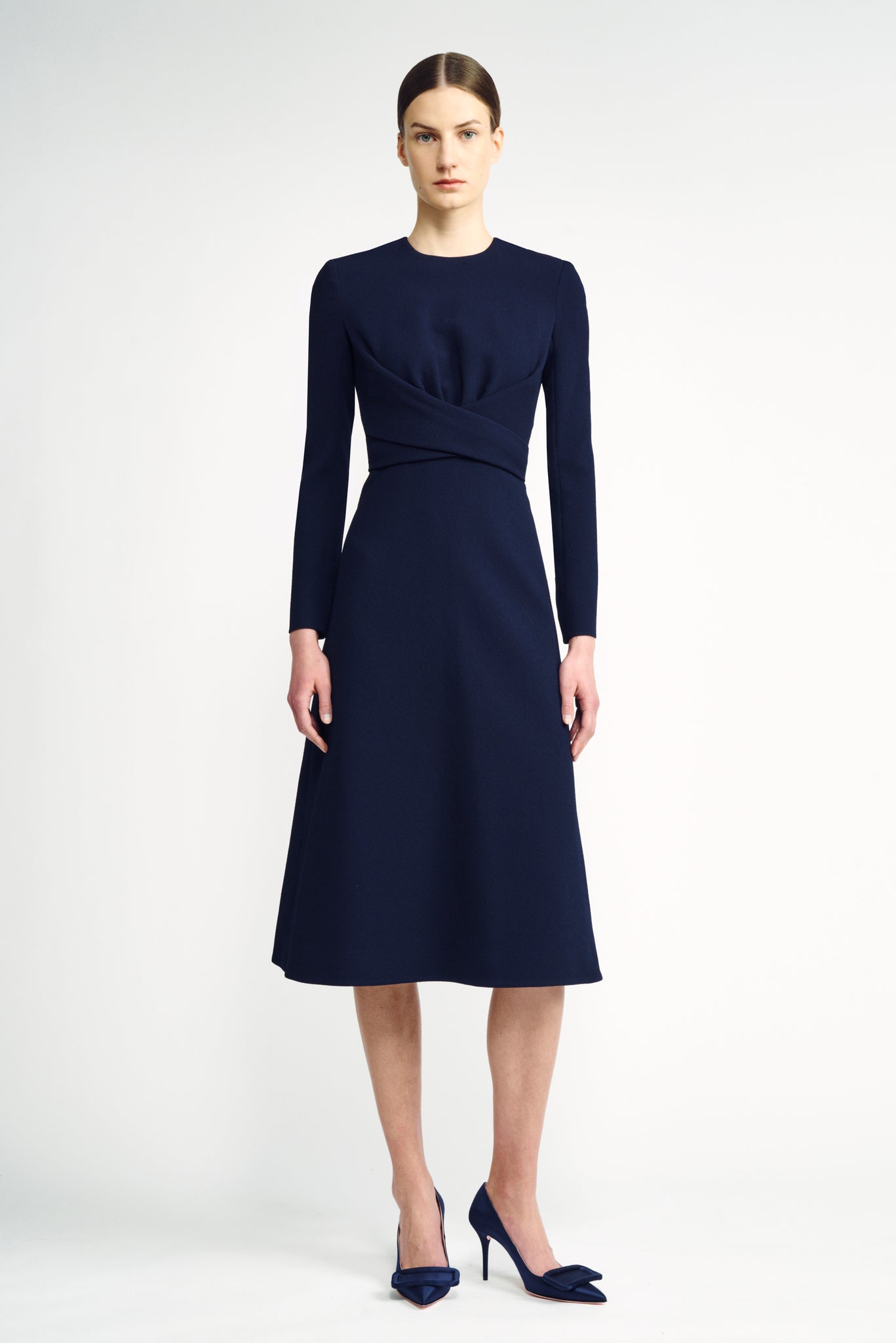 Elta Dress | Navy Blue Long Sleeve Fit-and-Flare Dress | Emilia Wickstead
