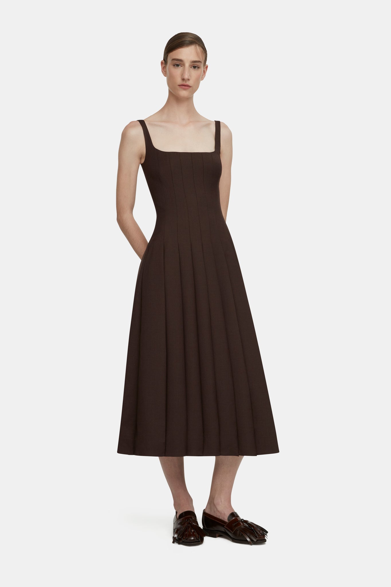 Emilia Wickstead Adele Dress in Chocolate Brown Superfine Merino Wool