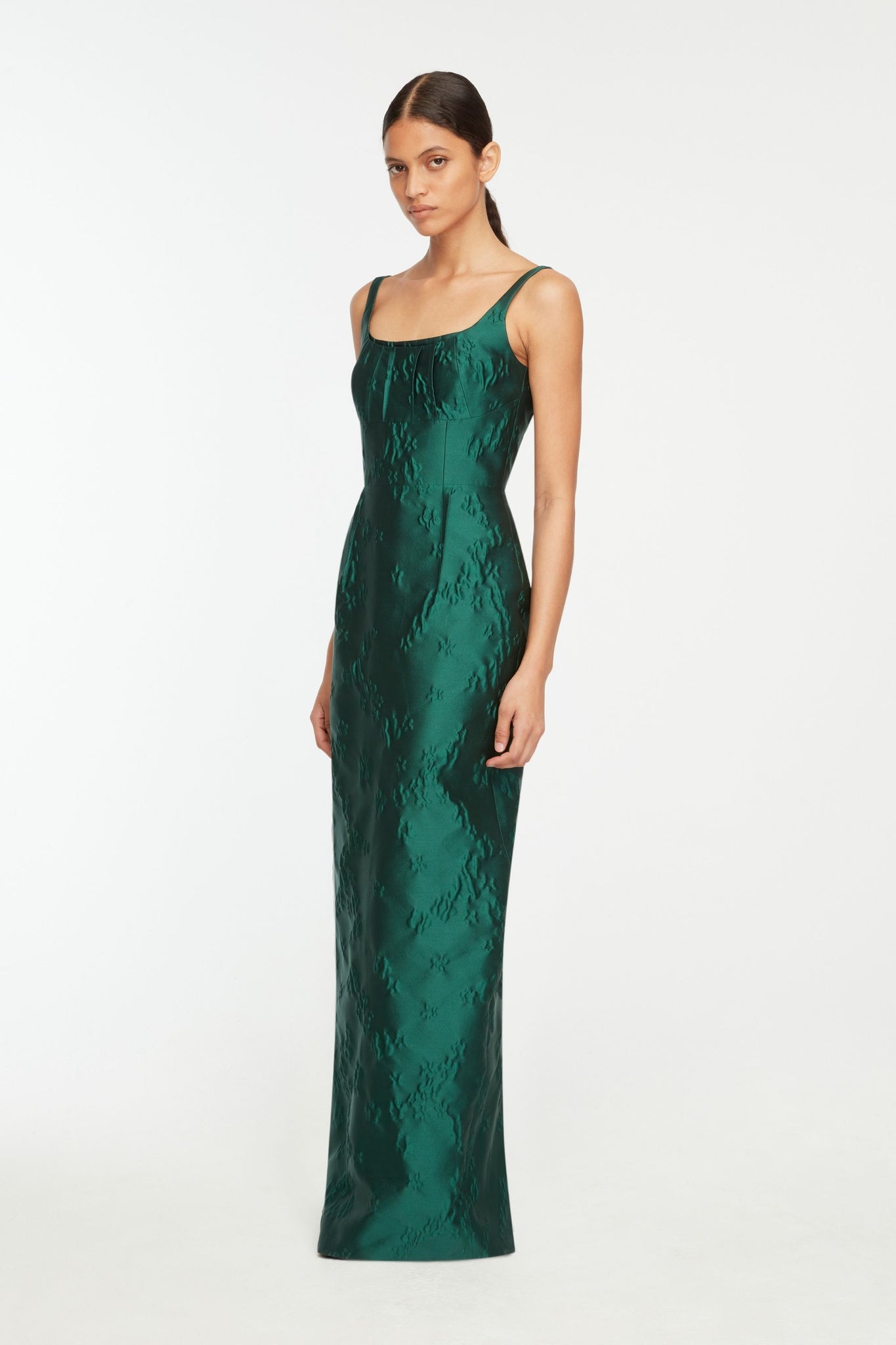 Sharon Dress In Emerald Green Ditsy Floral Jacquard