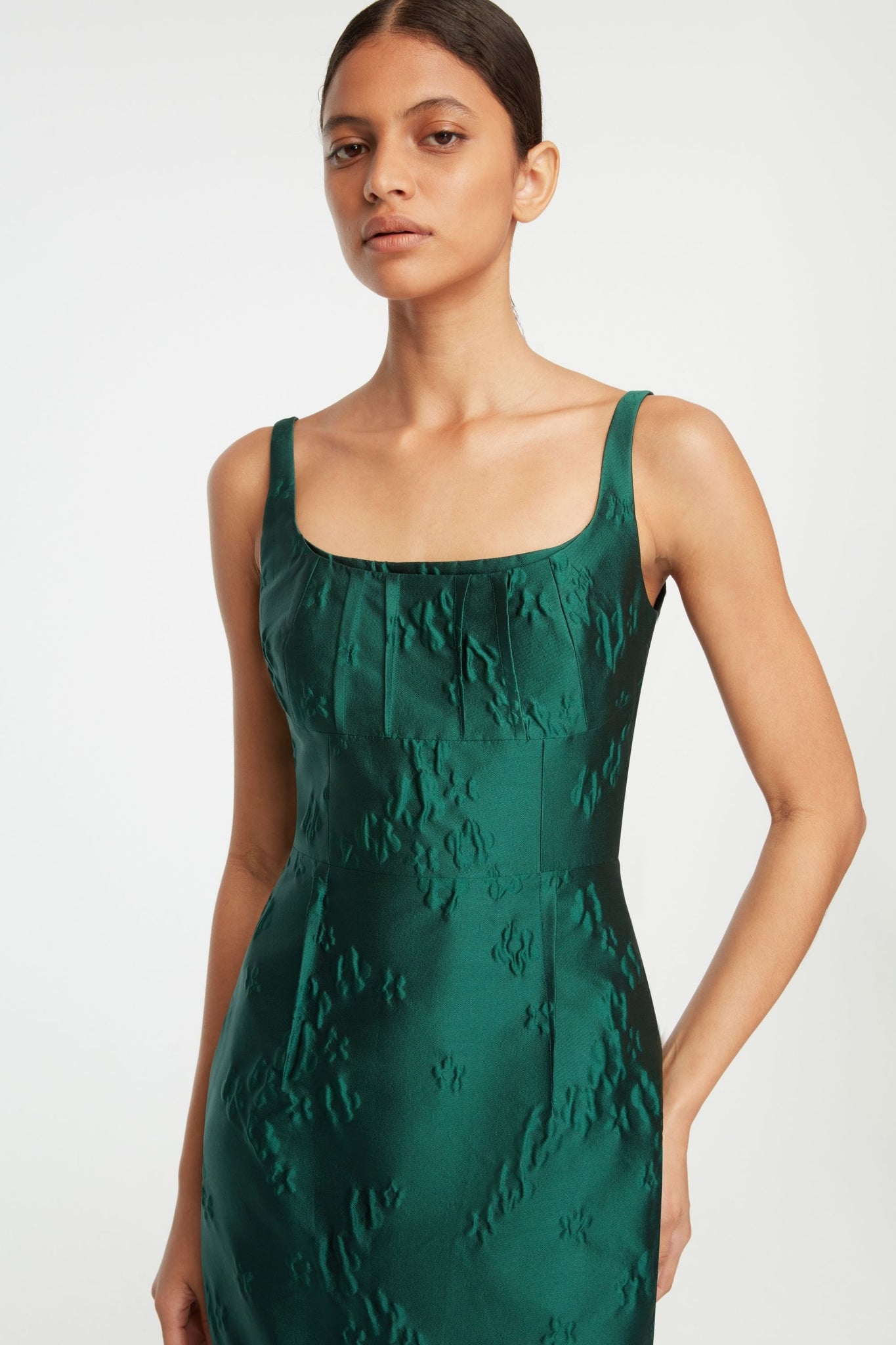 Sharon Dress In Emerald Green Ditsy Floral Jacquard