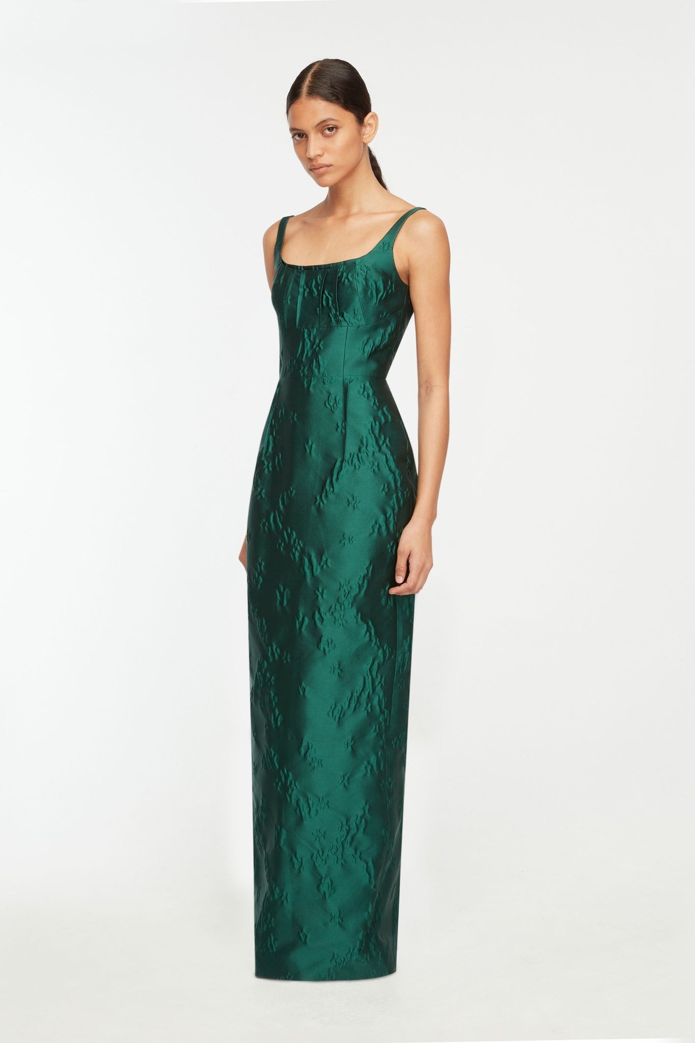Sharon Dress In Emerald Green Ditsy Floral Jacquard