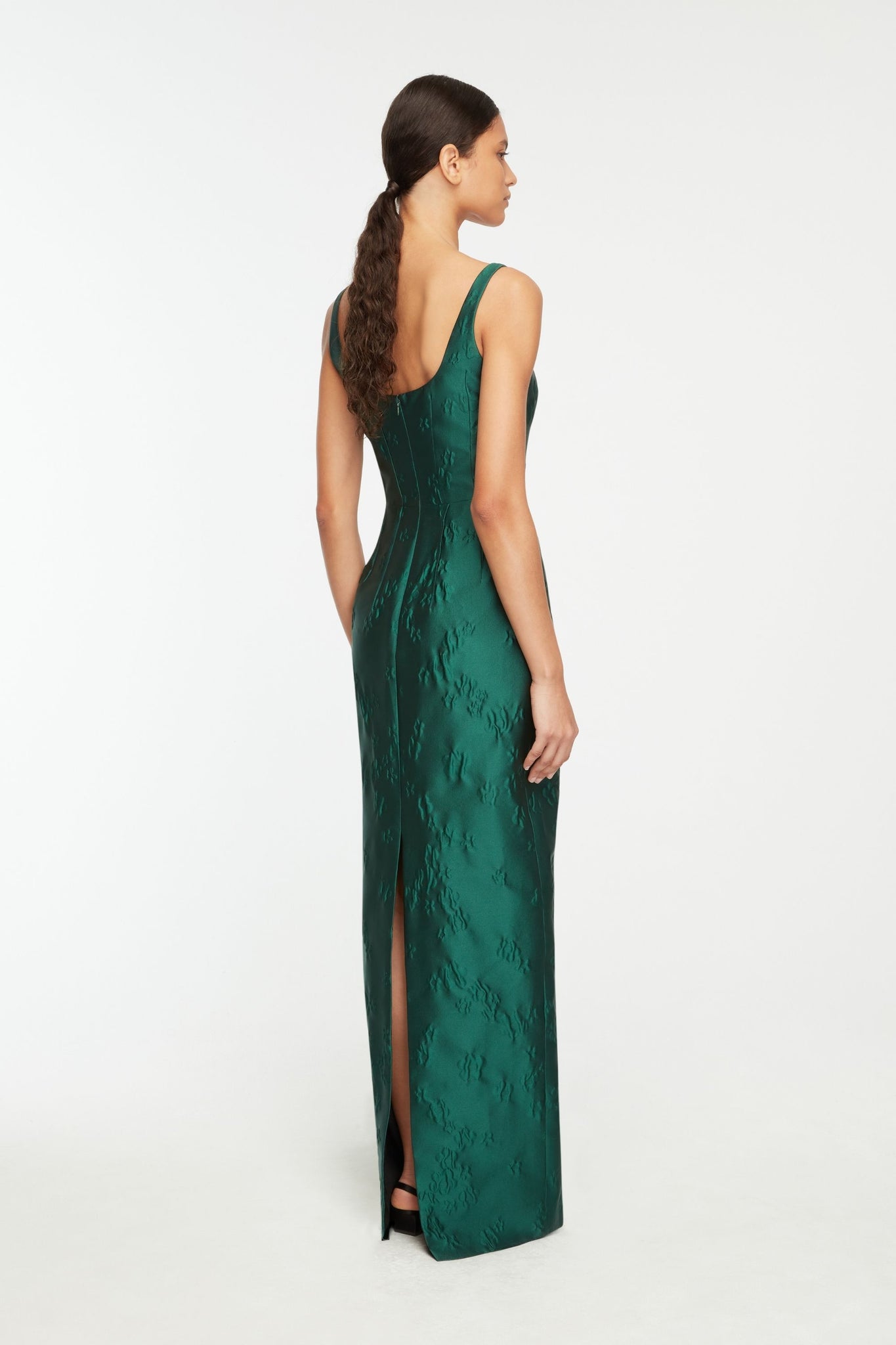 Sharon Dress In Emerald Green Ditsy Floral Jacquard
