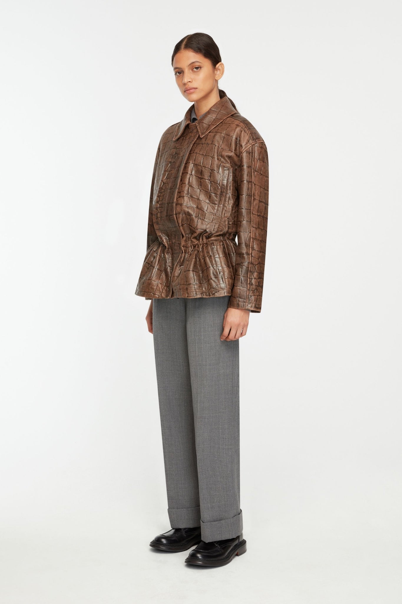 Norcut Jacket In Chocolate Embossed Croc Western Leather - Emilia Wickstead