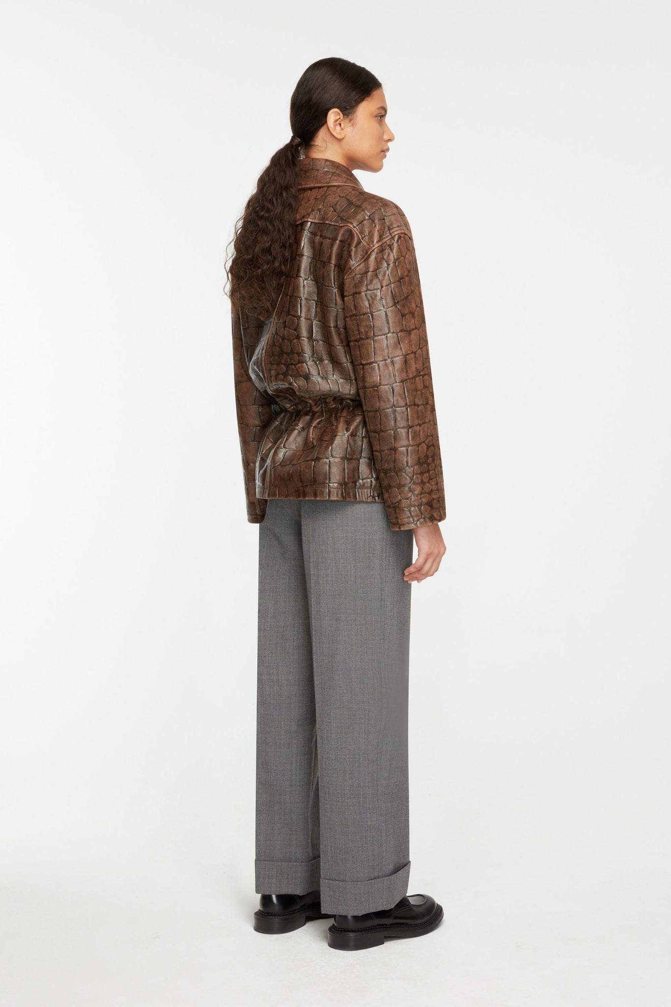 Norcut Jacket In Chocolate Embossed Croc Western Leather - Emilia Wickstead