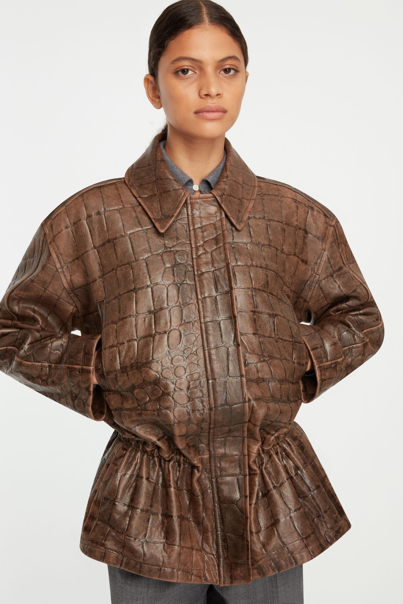 Norcut Jacket In Chocolate Embossed Croc Western Leather - Emilia Wickstead