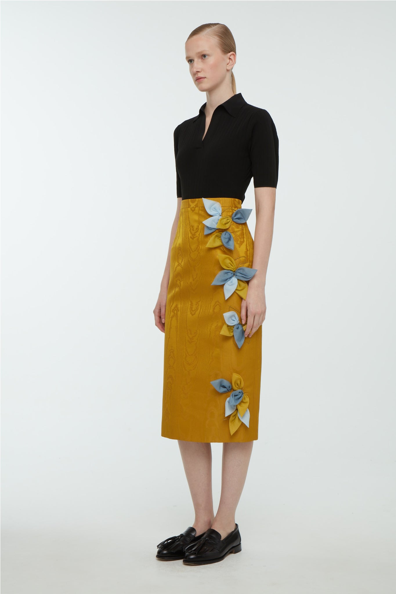 Emilia Wickstead - Lorinda Embroidered Skirt in Ochre Moire Mikado