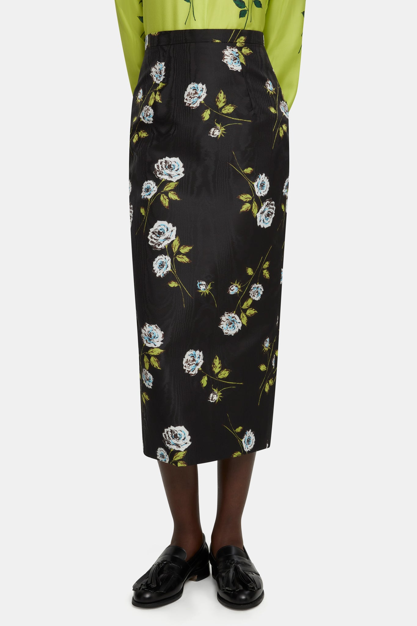 Lorelei Skirt in Rose Stem Printed Moire on Black |  Emilia Wickstead