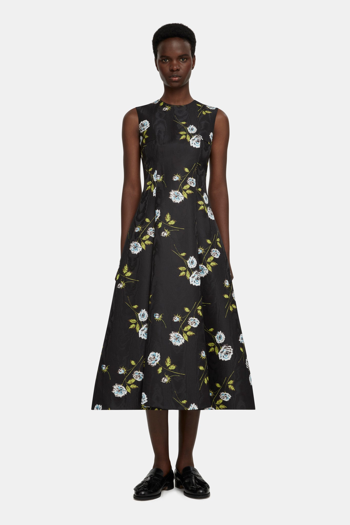 Mara Dress in Floral Printed Rose Stems on Black Moire |  Emilia Wickstead