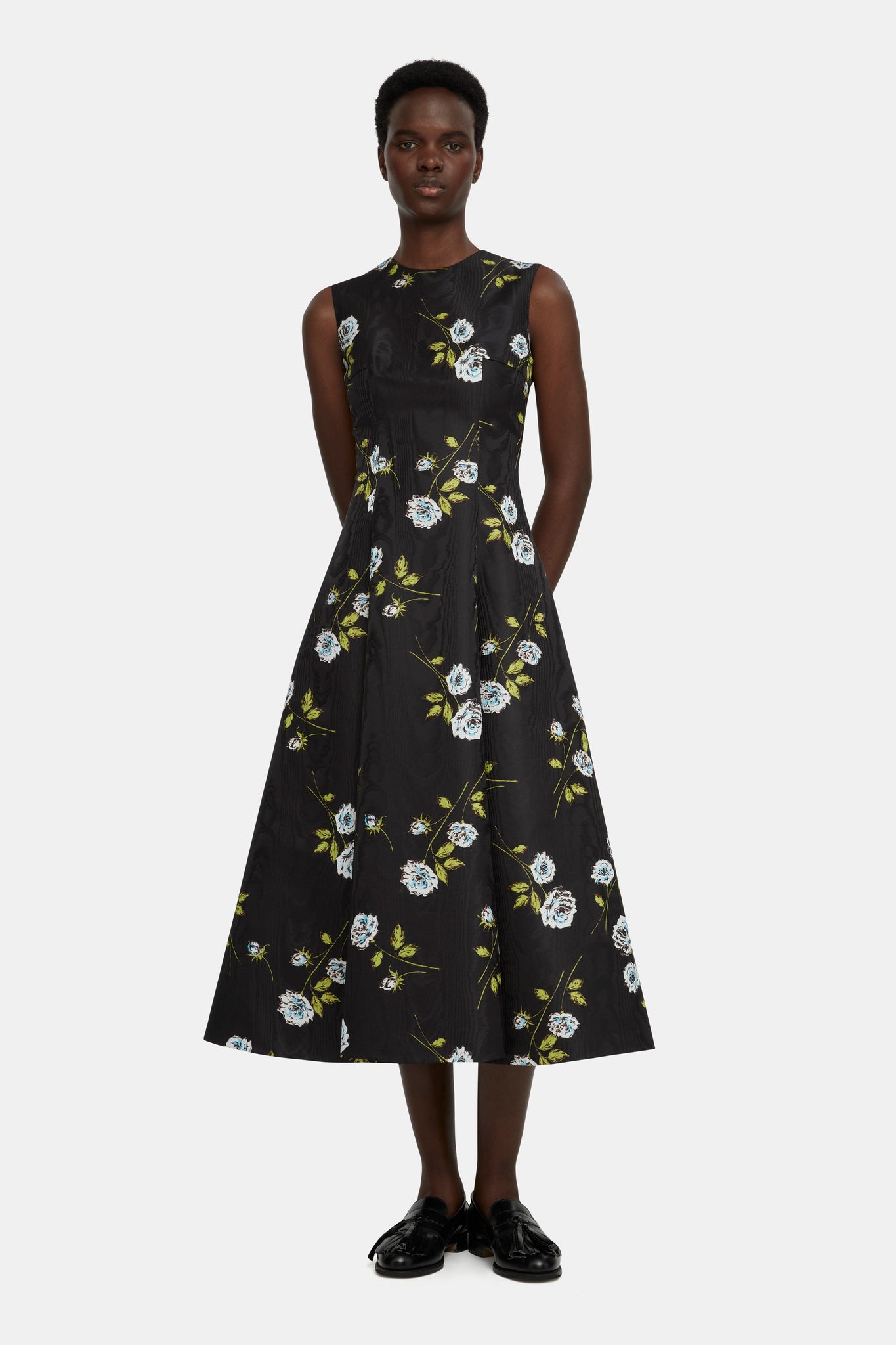 Mara Dress in Floral Printed Rose Stems on Black Moire |  Emilia Wickstead