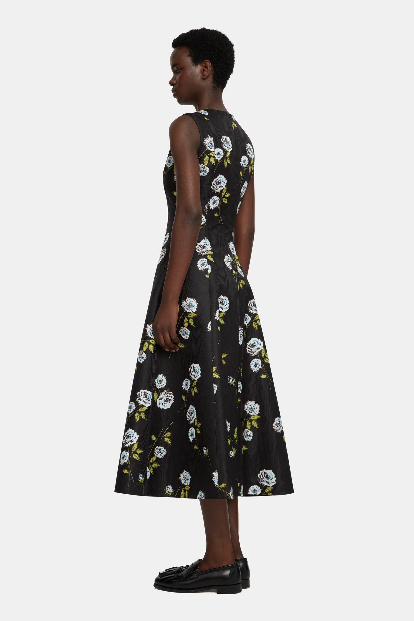 Mara Dress in Floral Printed Rose Stems on Black Moire |  Emilia Wickstead