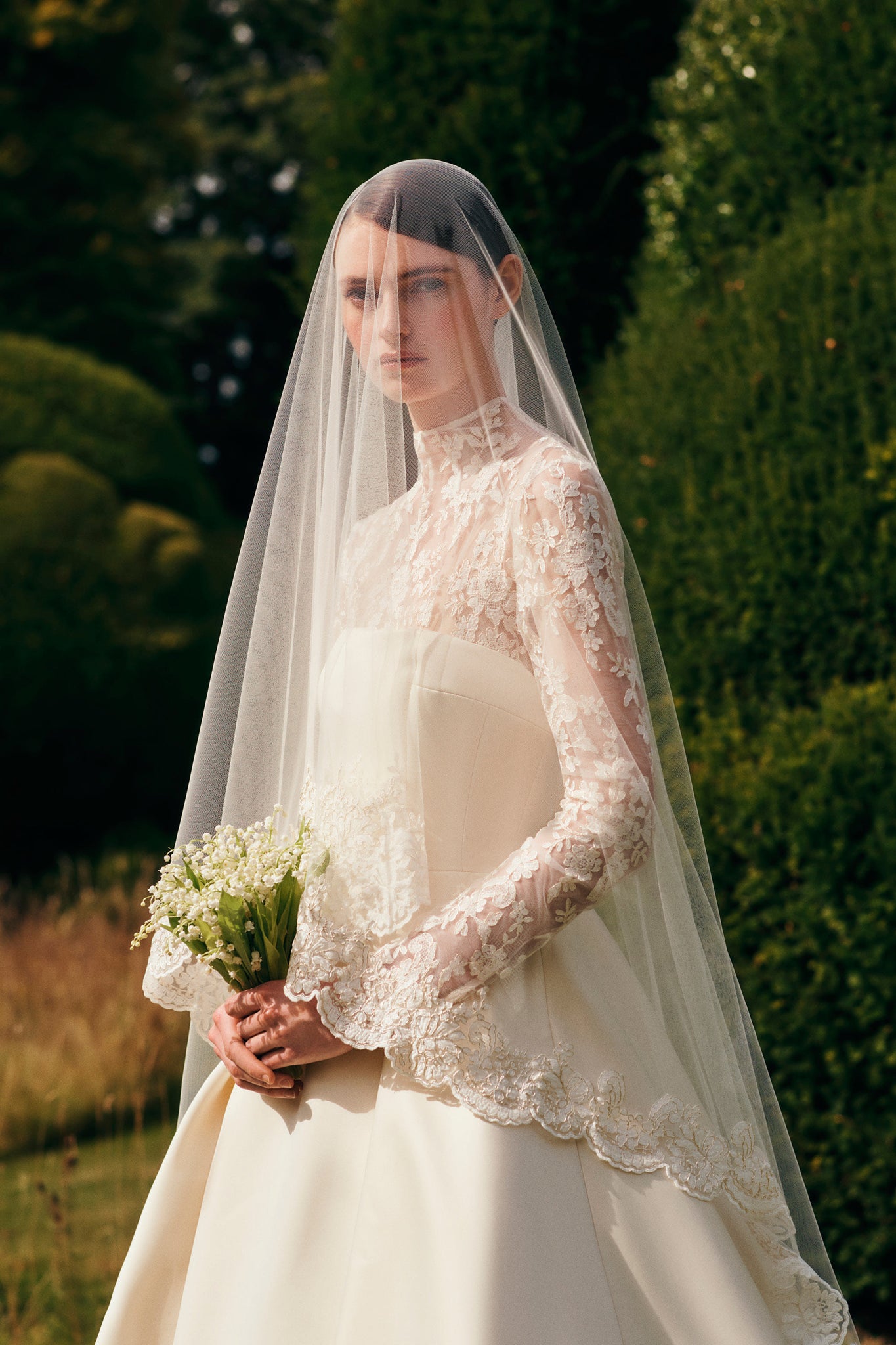 Chantal Bridal Dress in Satin Doppio with Lace and Peleione Veil