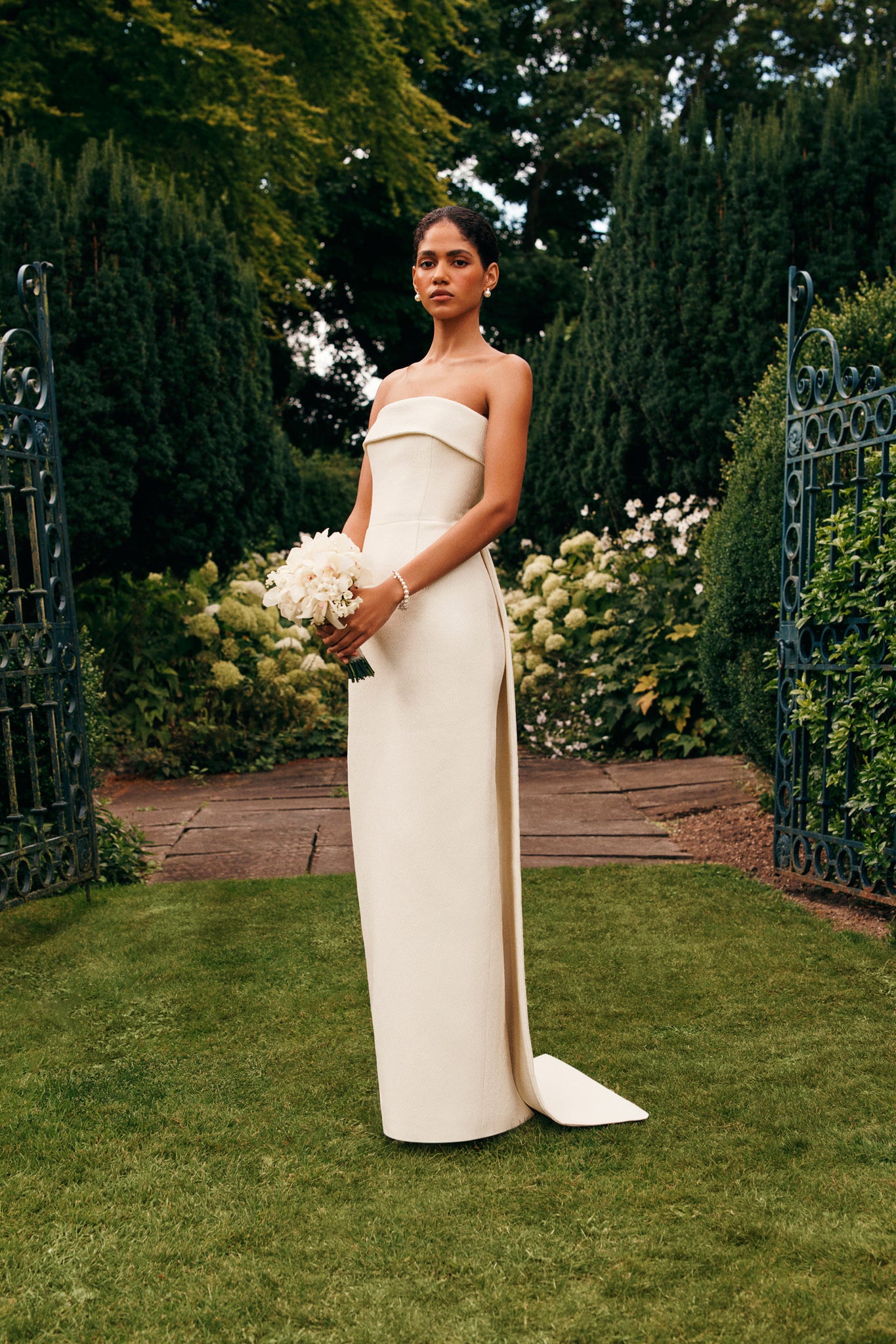 Keeley Bridal Dress with Marina Train Ivory Cloque | Emilia Wickstead Keeley Bridal Dress with Marina Train Ivory Cloque | Emilia Wickstead