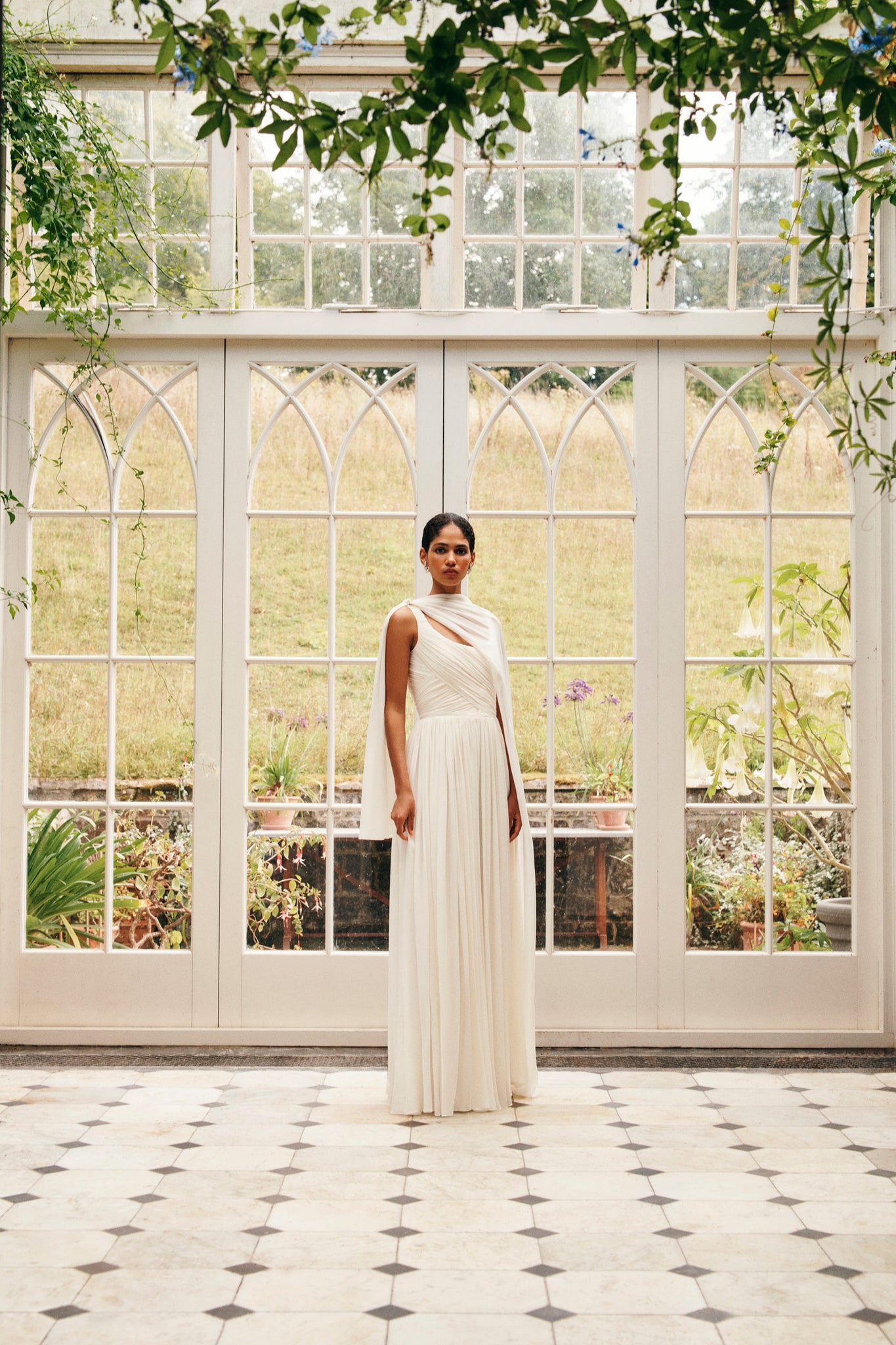 Marcia Bridal Dress in Ivory Silk Georgette with Indi Cape| Emilia Wickstead