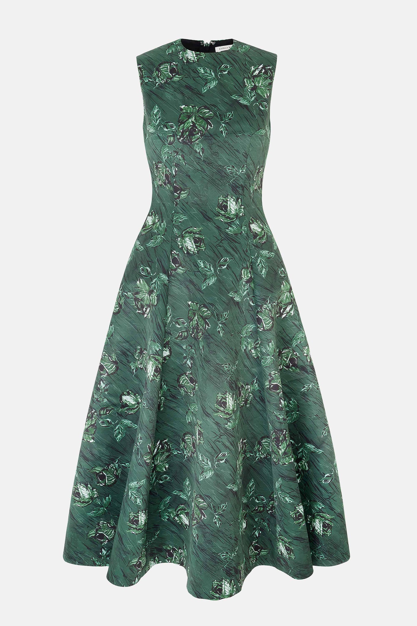 Mara Dress In Green Roses On Marble Print Taffeta Faille