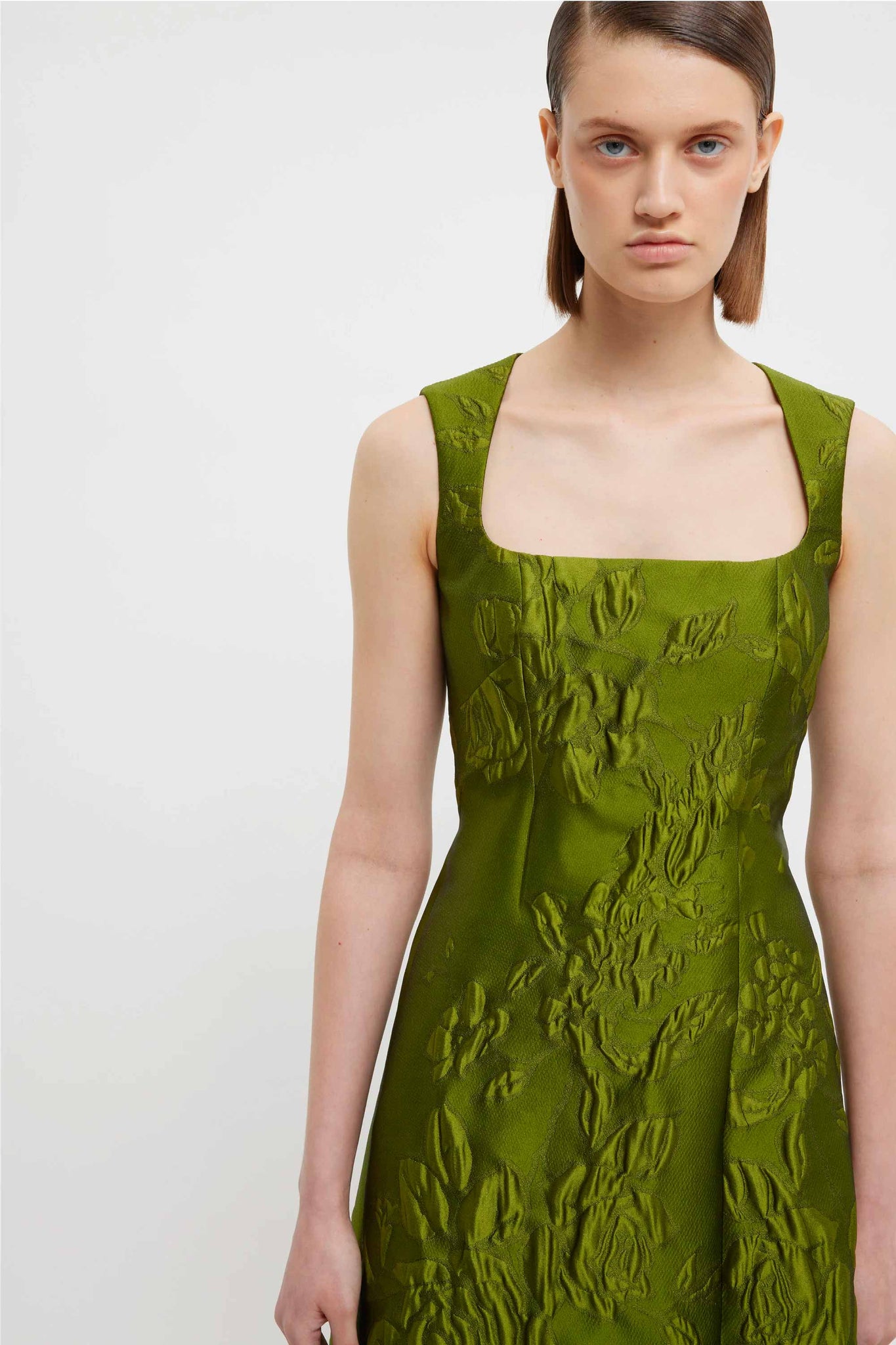 Pinah Dress In Green Graphic Rose Jacquard | Emilia Wickstead Pinah Dress In Green Graphic Rose Jacquard | Emilia Wickstead