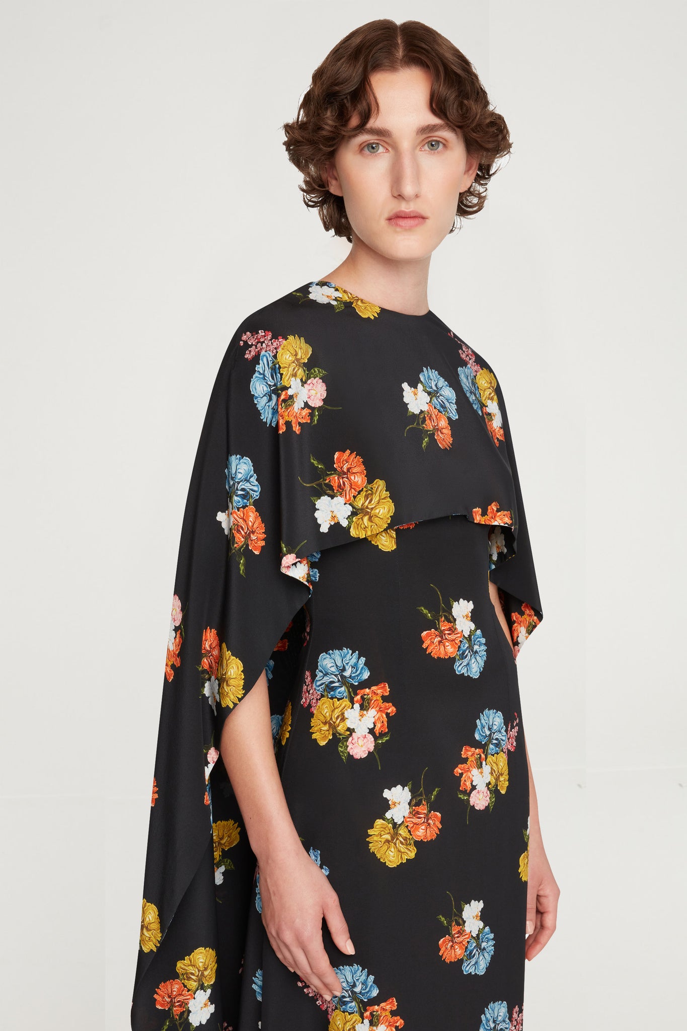 Alphonse Dress In Retro Bouquet On Black Silk Crepe De Chine
