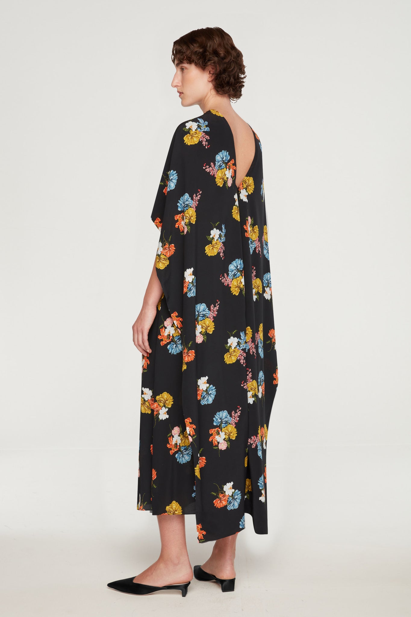 Alphonse Dress In Retro Bouquet On Black Silk Crepe De Chine