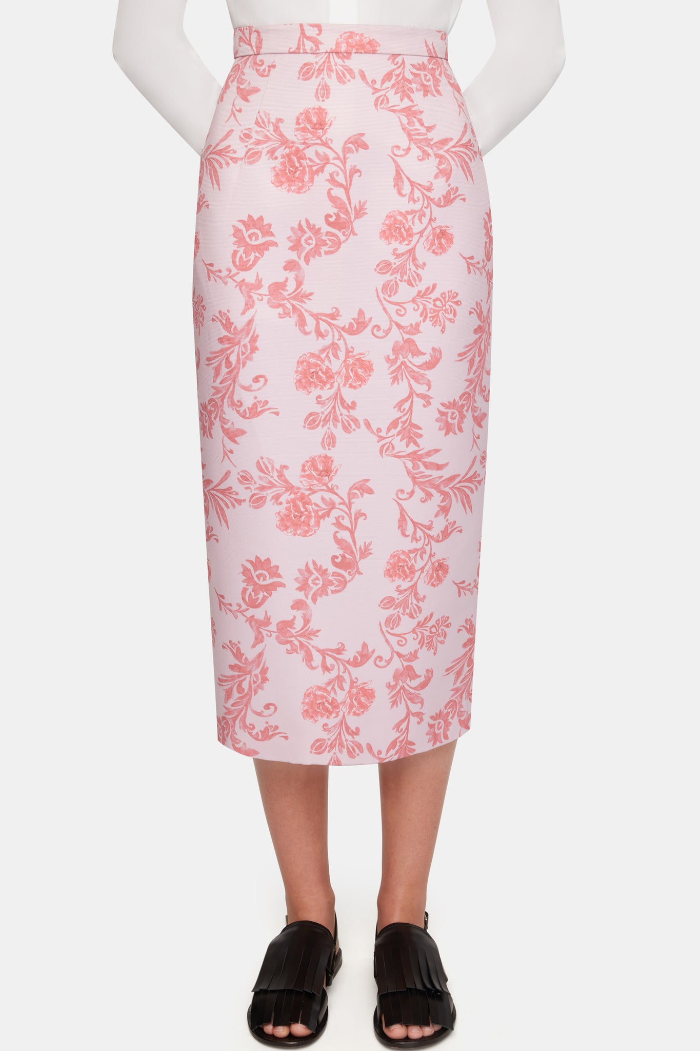 Lorelei Skirt In Pink Floral Damask Taffeta Faille Up close full length shot | Emilia Wickstead