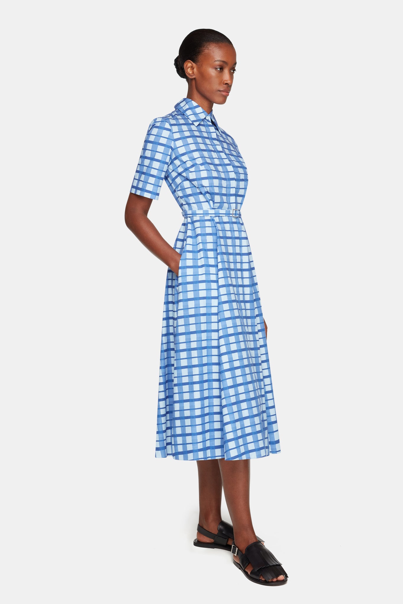 Rubie Dress In Blue Painted Gingham Cotton Poplin