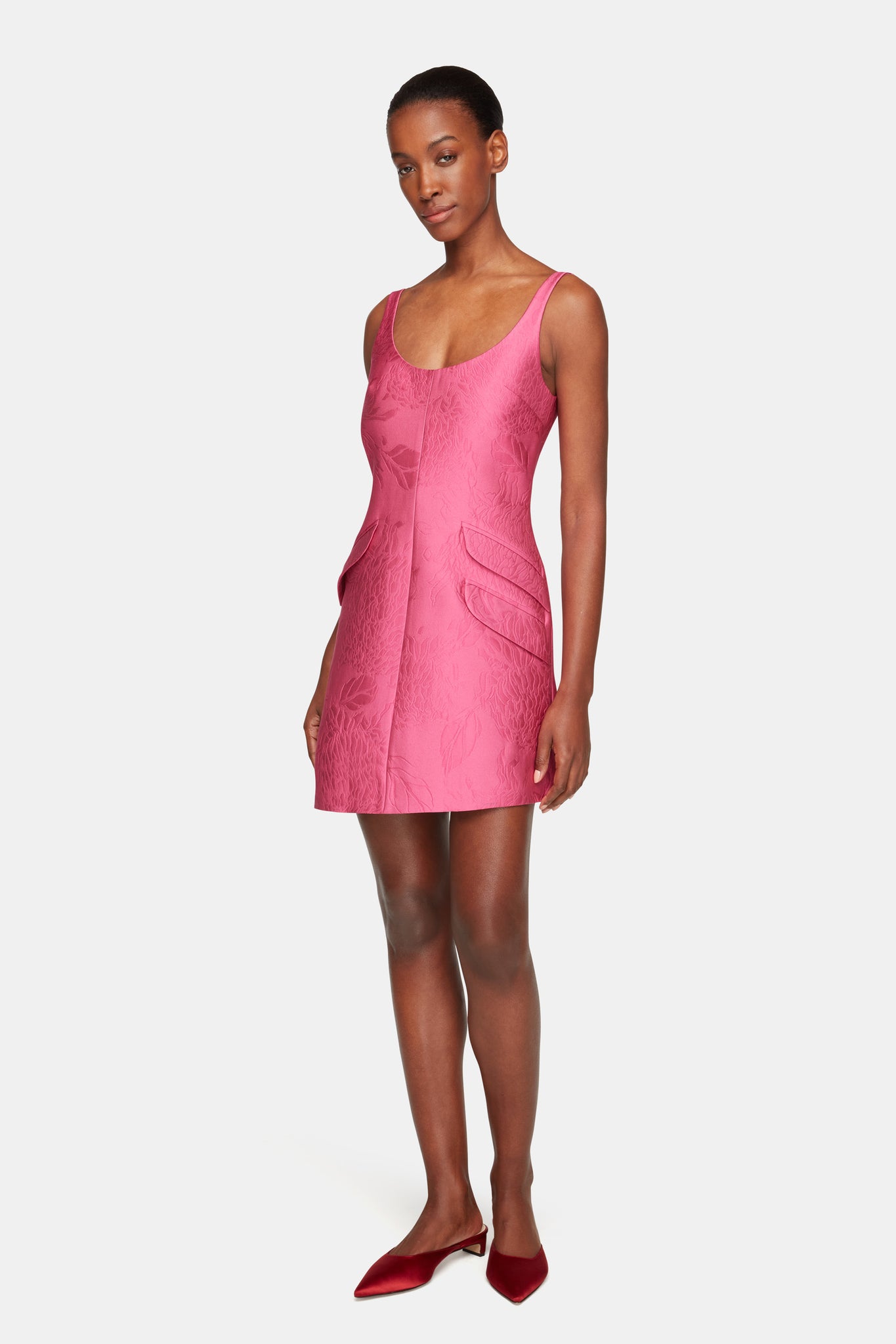 Talia Dress In Hot Pink Embossed Cloque full length shot | Emilia Wickstead