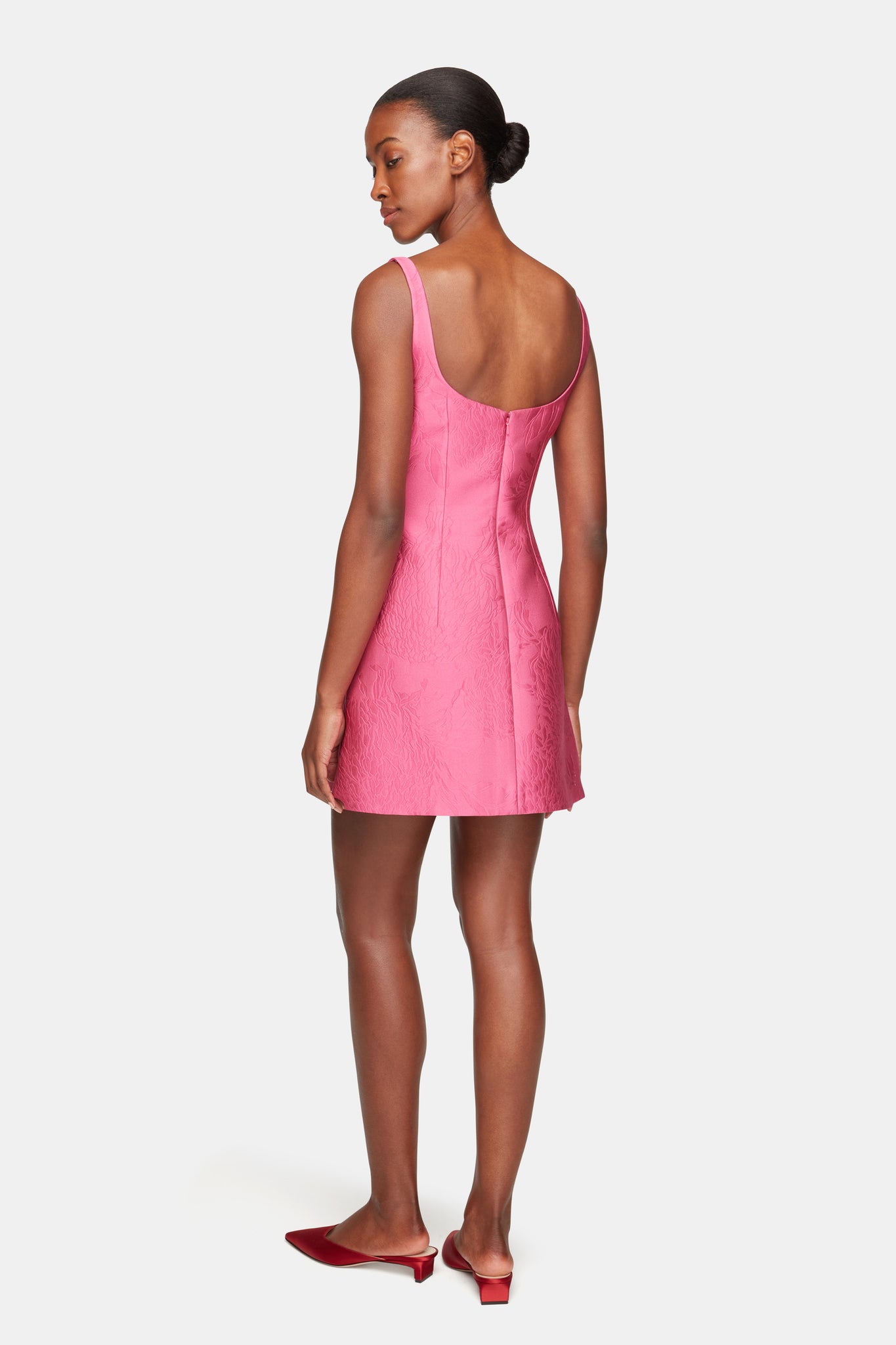 Talia Dress In Hot Pink Embossed Cloque model full length back shot | Emilia Wickstead