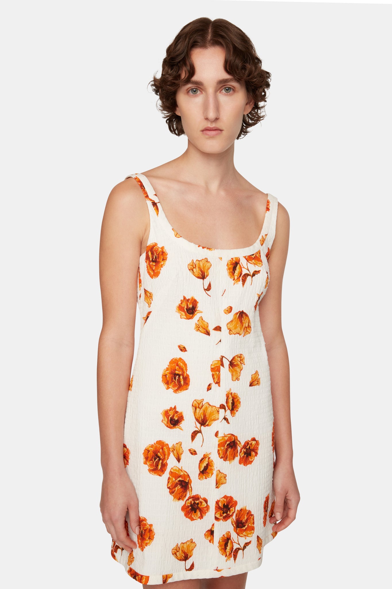 Tillie Dress In Orange Poppies Bibione Cotton up close front shot  | Emilia Wickstead