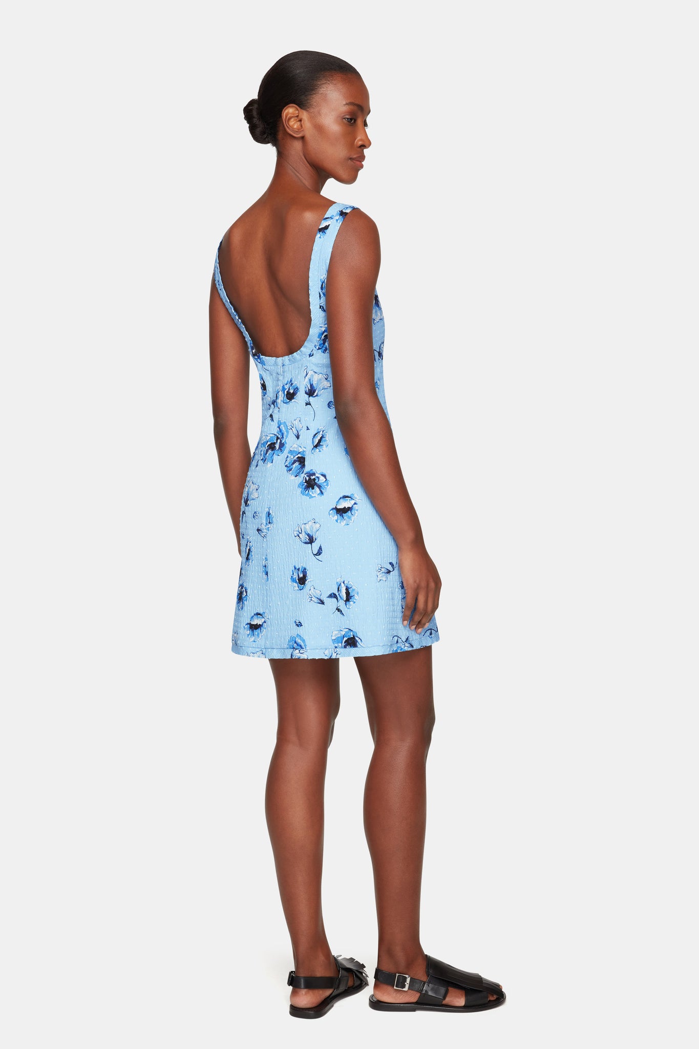 Tillie Dress In Blue Poppies On Baby Pink Bibione Cotton back shot| Emilia Wickstead