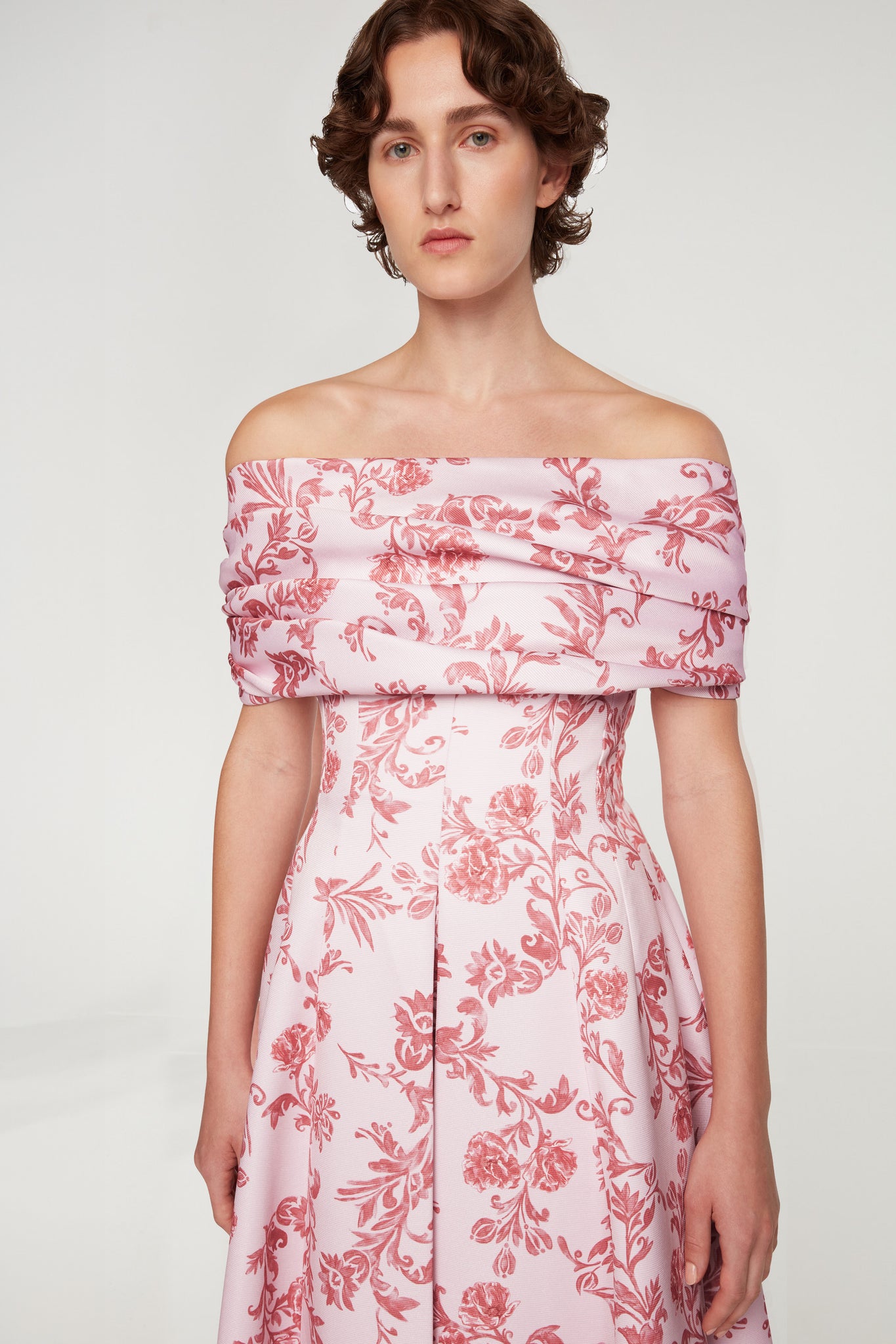 Auclair Dress In Pink Floral Damask Taffeta Faille up close shot | Emilia Wickstead