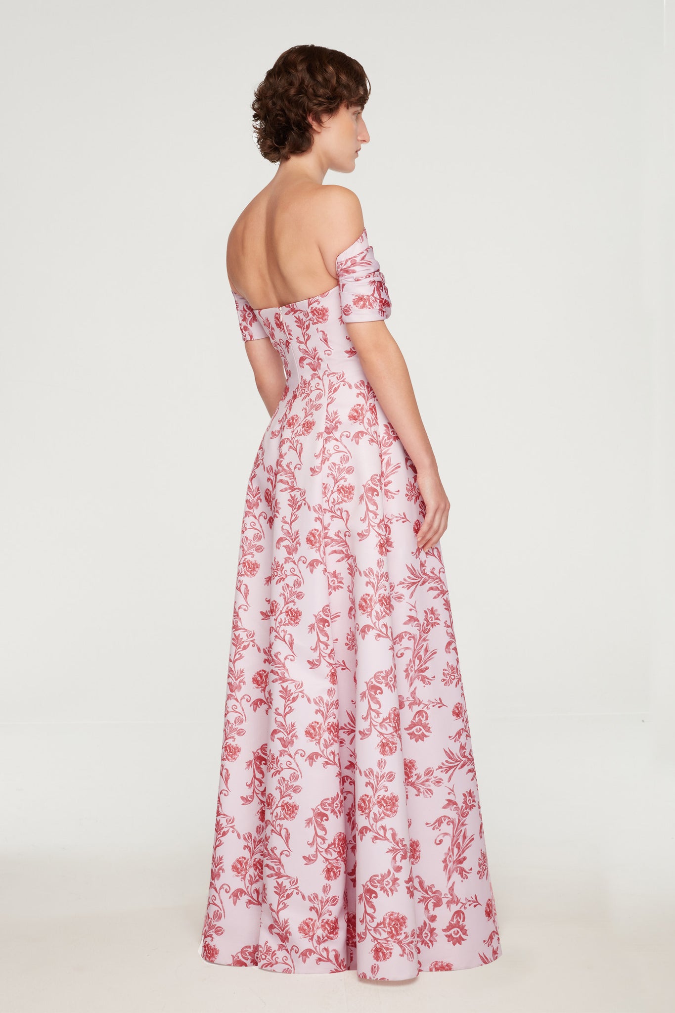 Auclair Dress In Pink Floral Damask Taffeta Faille full length back shot | Emilia Wickstead