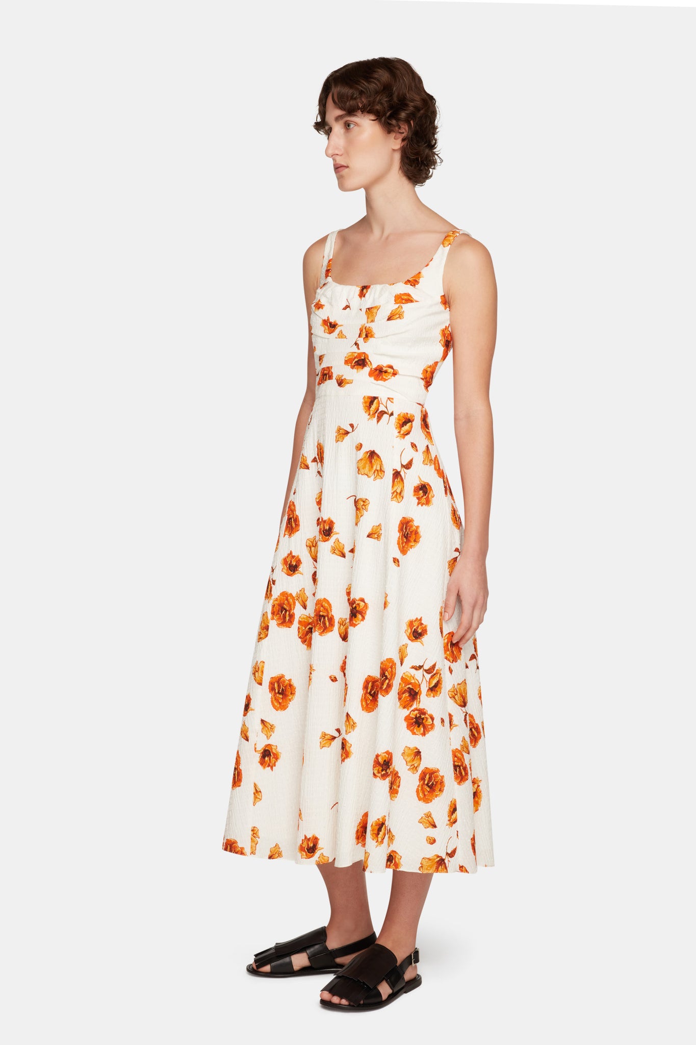 Verena Dress In Orange Poppies Bibione Cotton front side shot | Emilia Wickstead