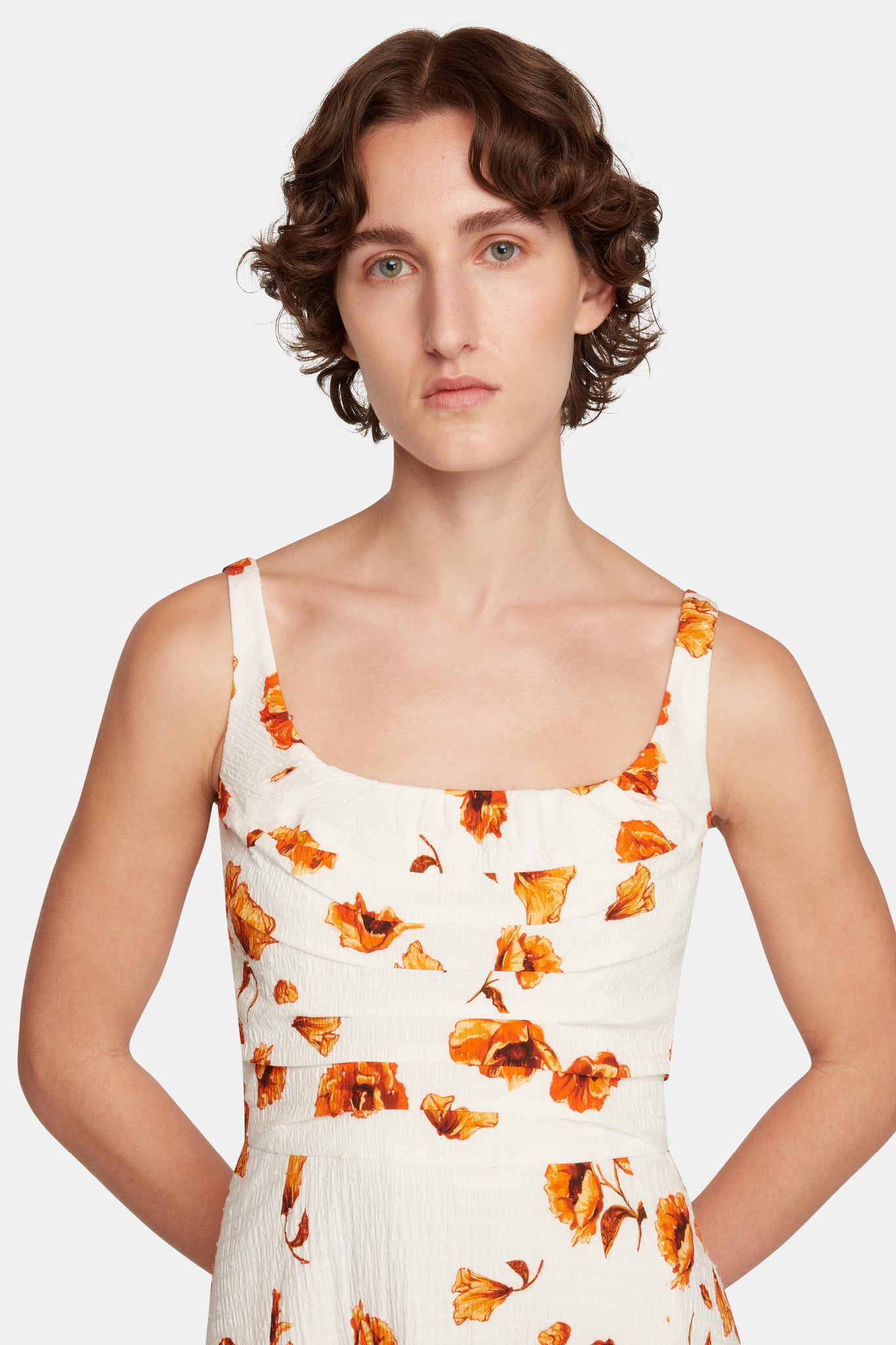 Verena Dress In Orange Poppies Bibione Cotton up close shot| Emilia Wickstead