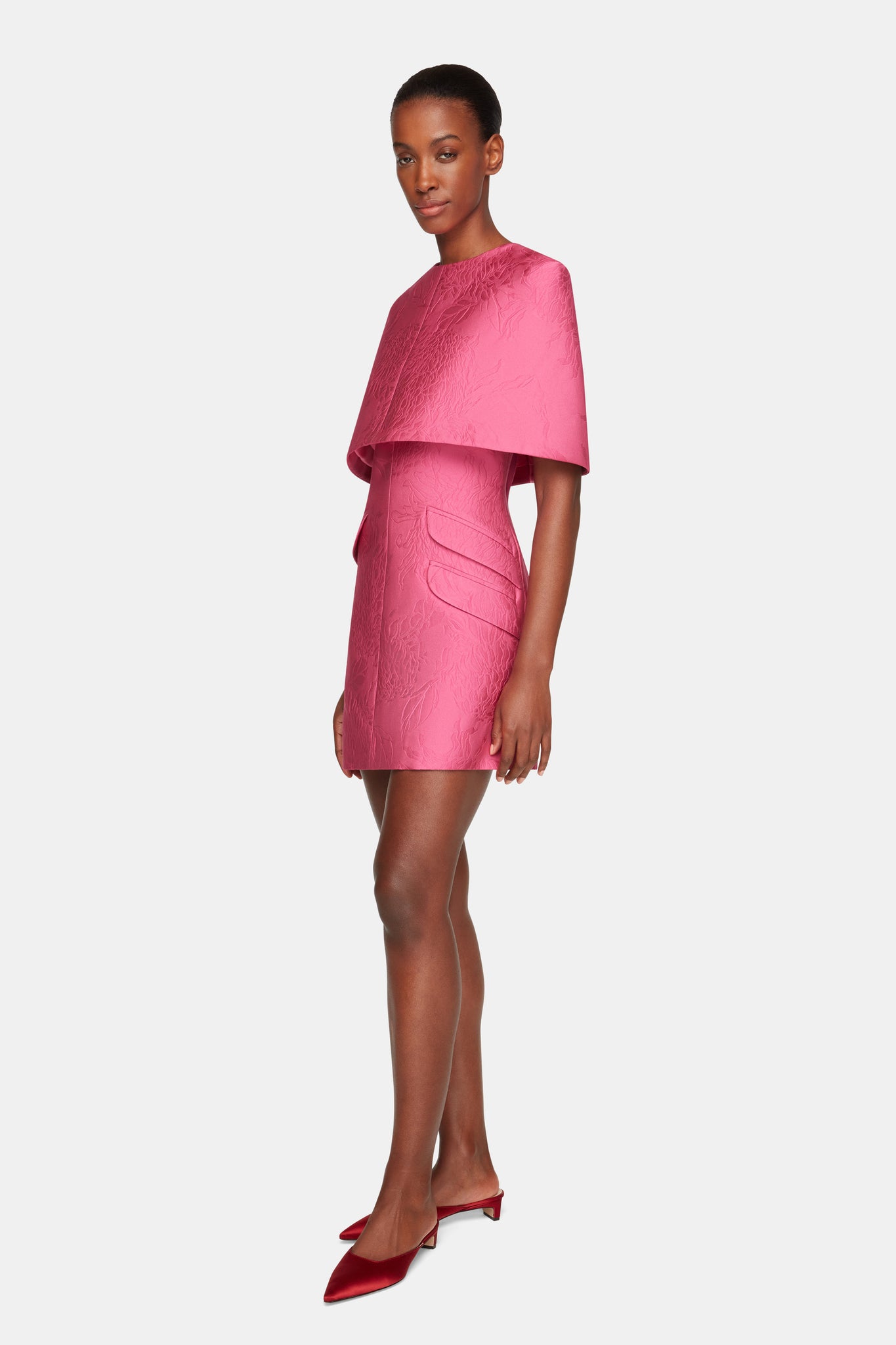 Virginie Cape In Hot Pink Embossed Cloque model full length shot | Emilia Wickstead